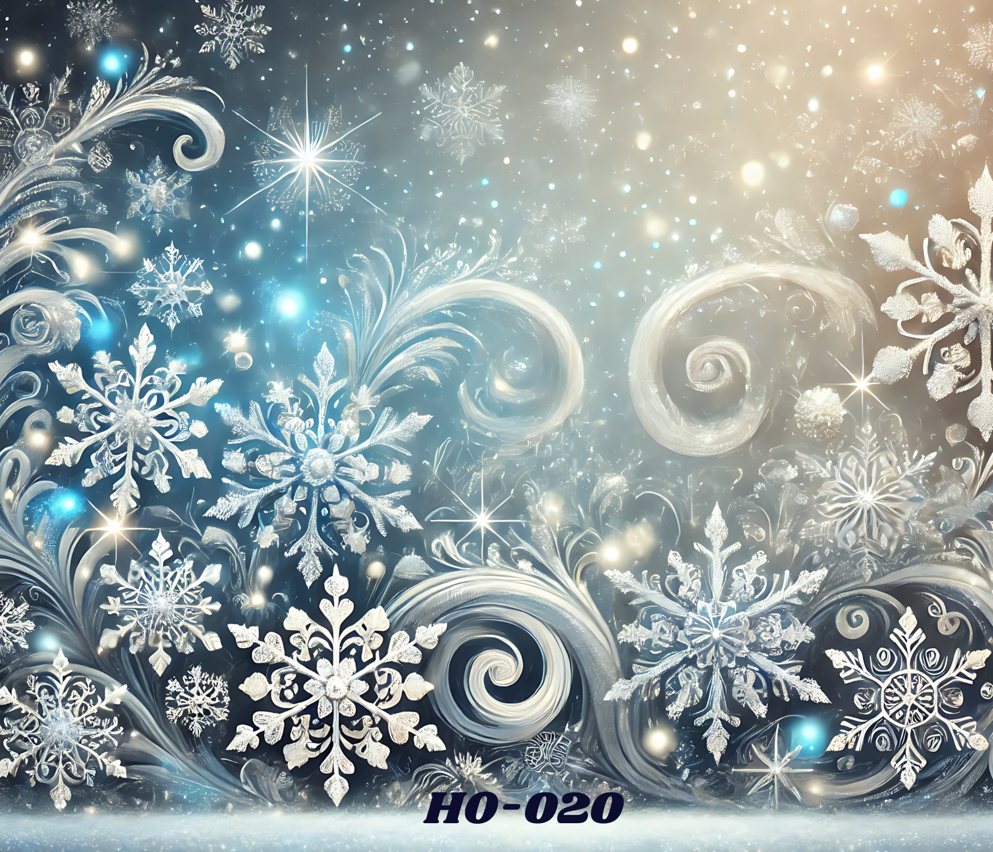 A decorative winter-themed background with snowflakes, swirling patterns, and glowing accents in shades of white, blue, and gold.