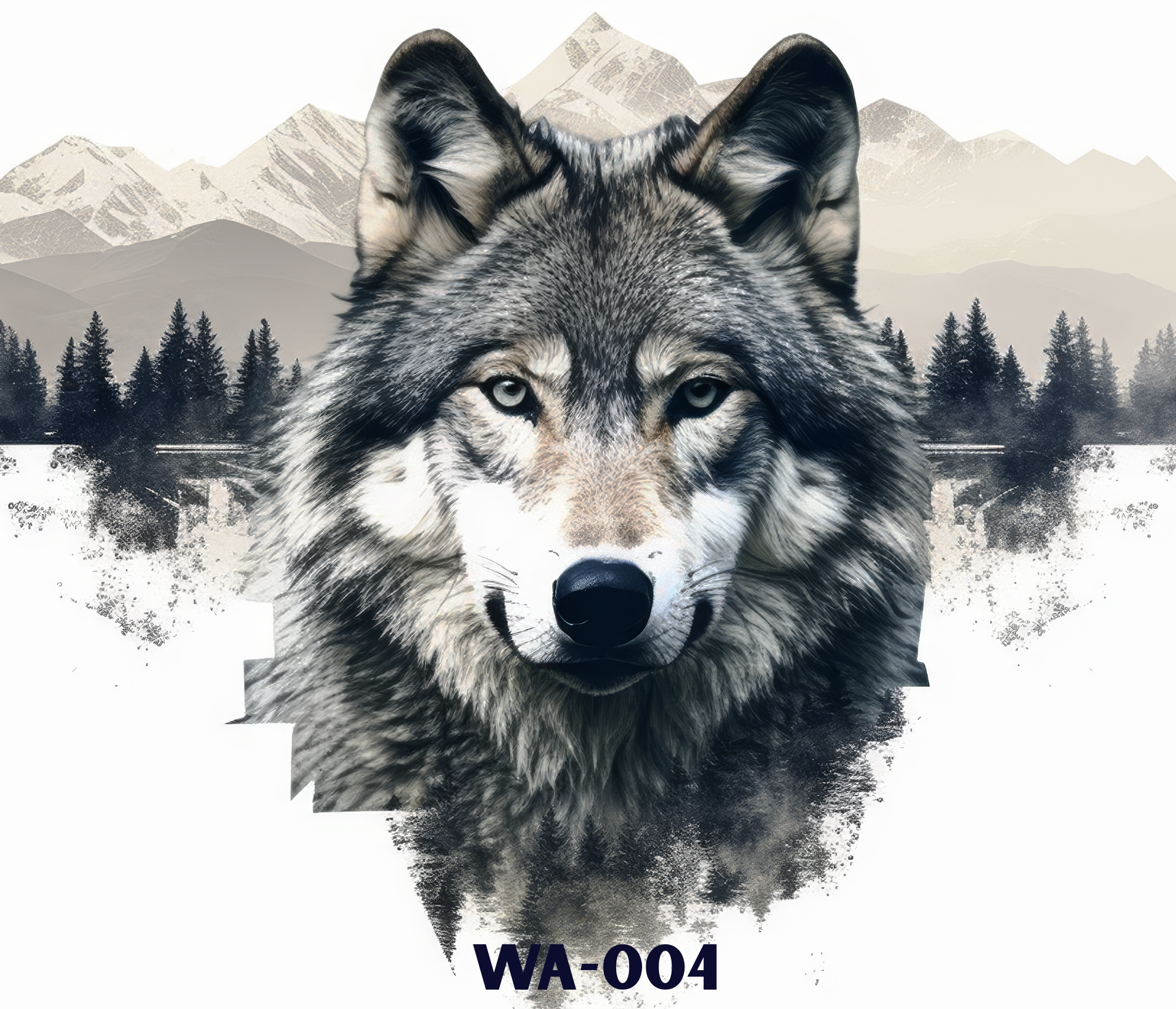 A detailed illustration of a wolf's face against a backdrop of snowy mountains and pine trees,