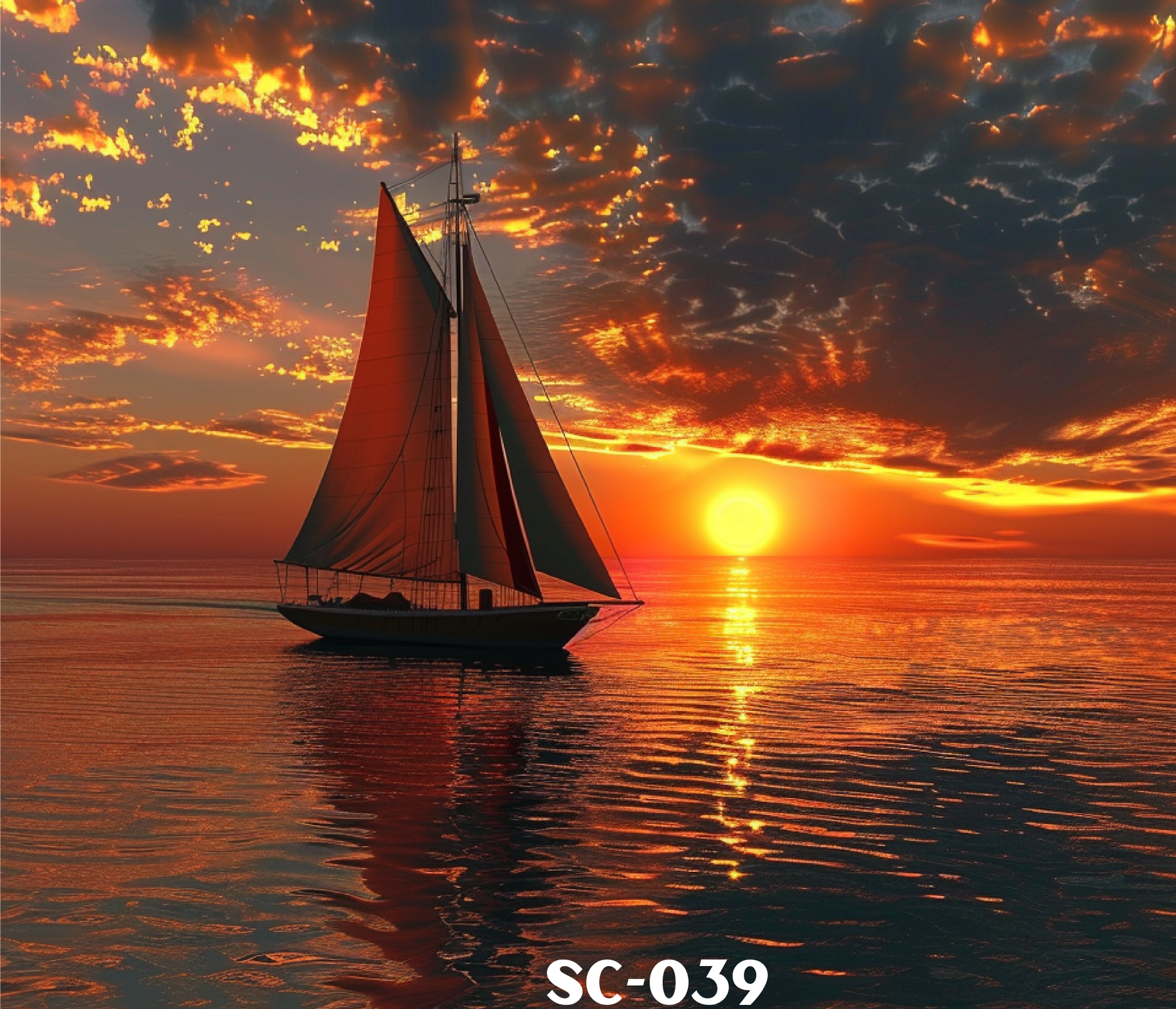 A sailboat with orange sails on calm water during a vibrant sunset, with the sky filled with orange, gold, and dark clouds.