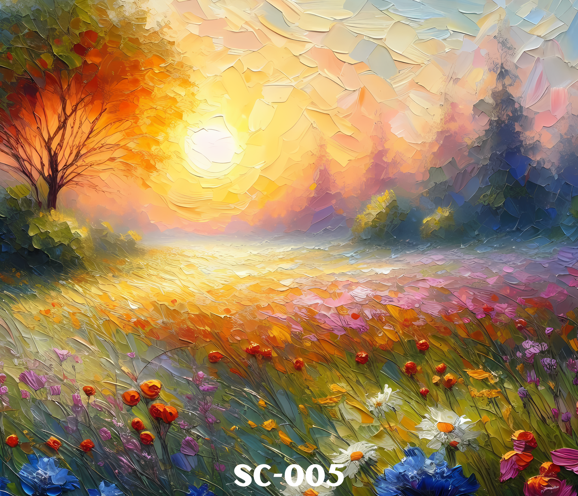 An abstract painting of a sunrise over a colorful landscape, featuring warm orange and yellow hues blending into blues and greens, with scattered red flowers in the foreground and a serene sky.