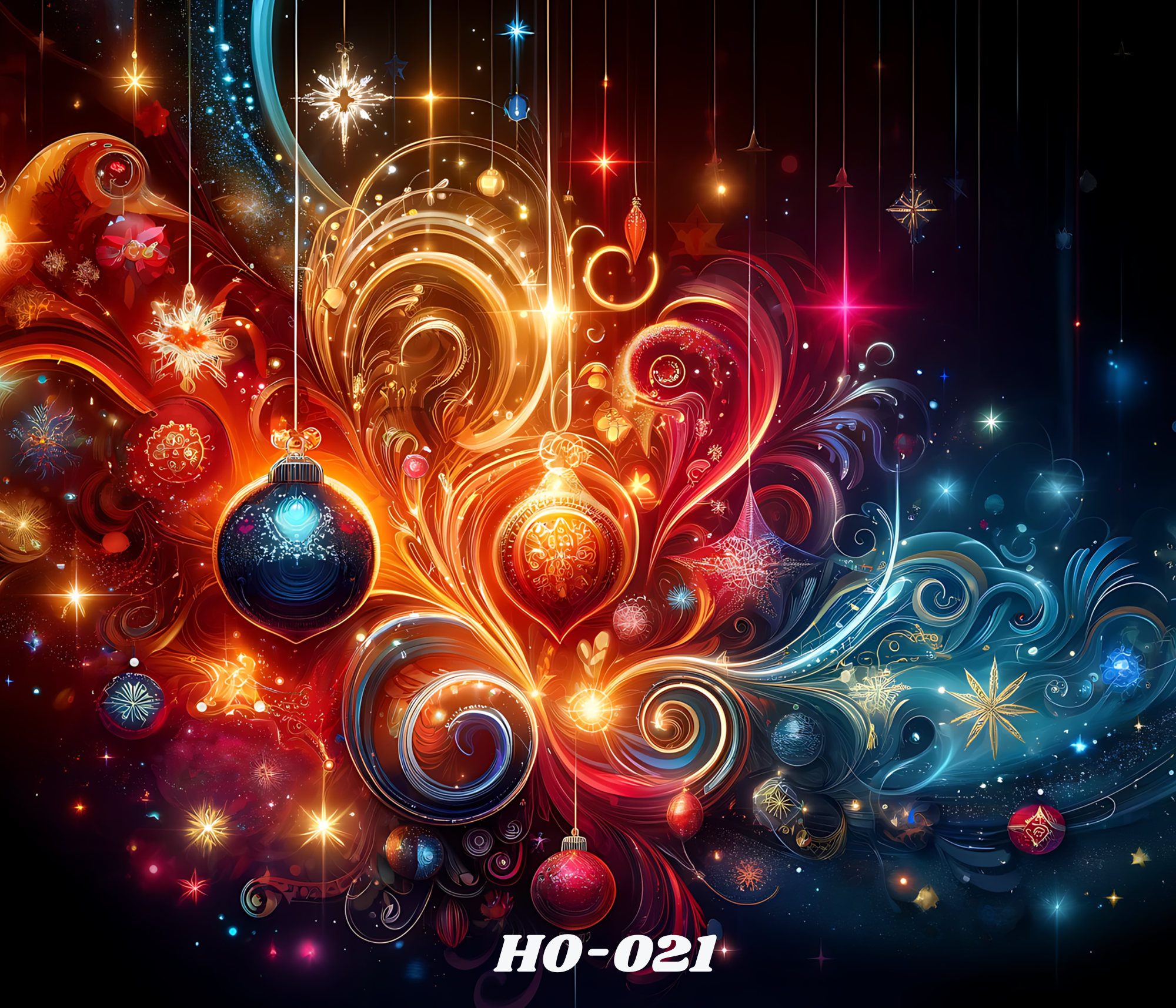 A colorful, festive digital artwork featuring swirling lights, sparkling stars, and ornaments in red, gold, blue, and silver hues,