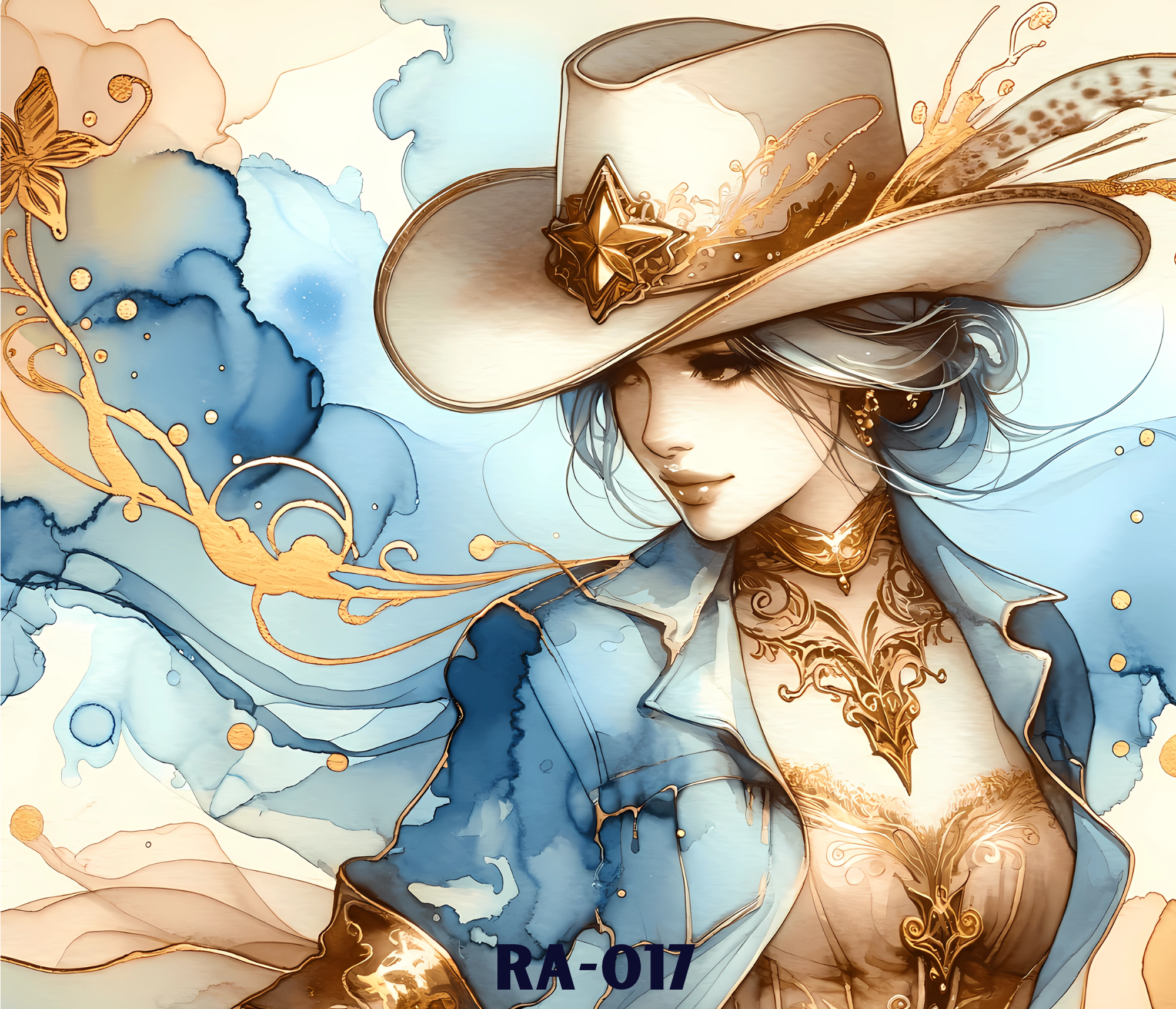 A digital illustration of a woman in a witch hat with decorative golden details, surrounded by abstract watercolor blue and gold accents.