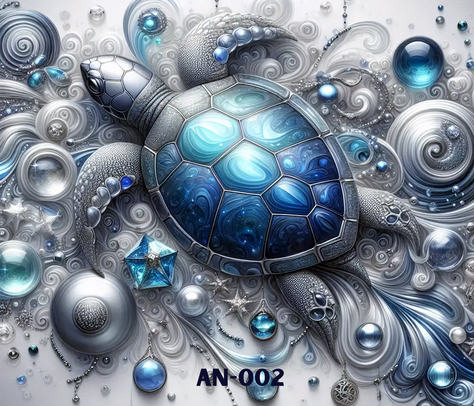 Abstract digital illustration featuring a robotic turtle with metallic and glowing blue accents, surrounded by swirling patterns, bubbles, and various geometric shapes in shades of white, blue, and silver.