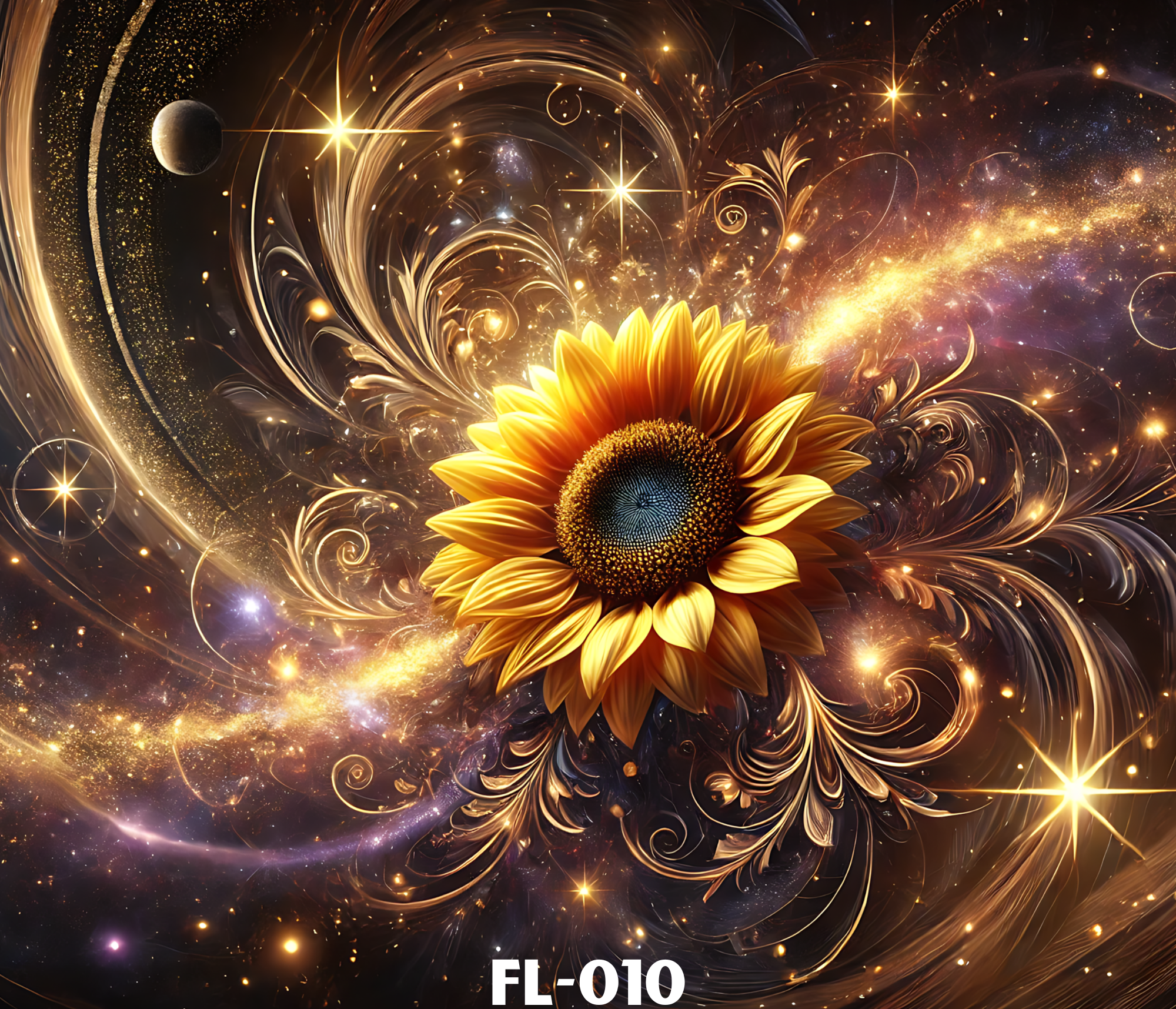 A vibrant cosmic scene with swirling golden and purple nebulae, bright stars, and a sunflower in the foreground, with the text 'FL-010' at the bottom.