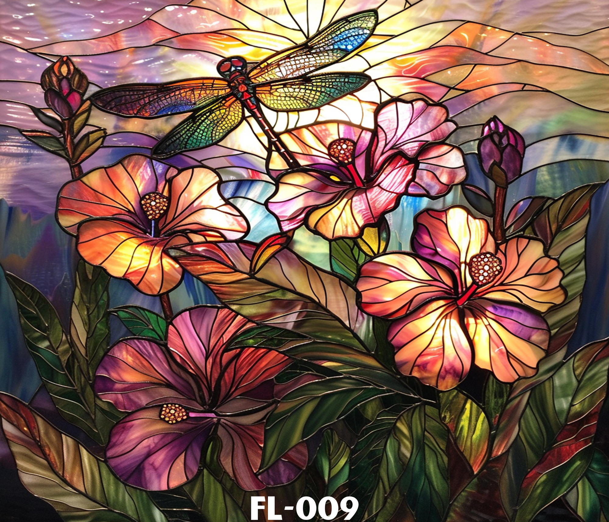 Colorful stained glass window featuring a detailed dragonfly surrounded by flowers and leaves.