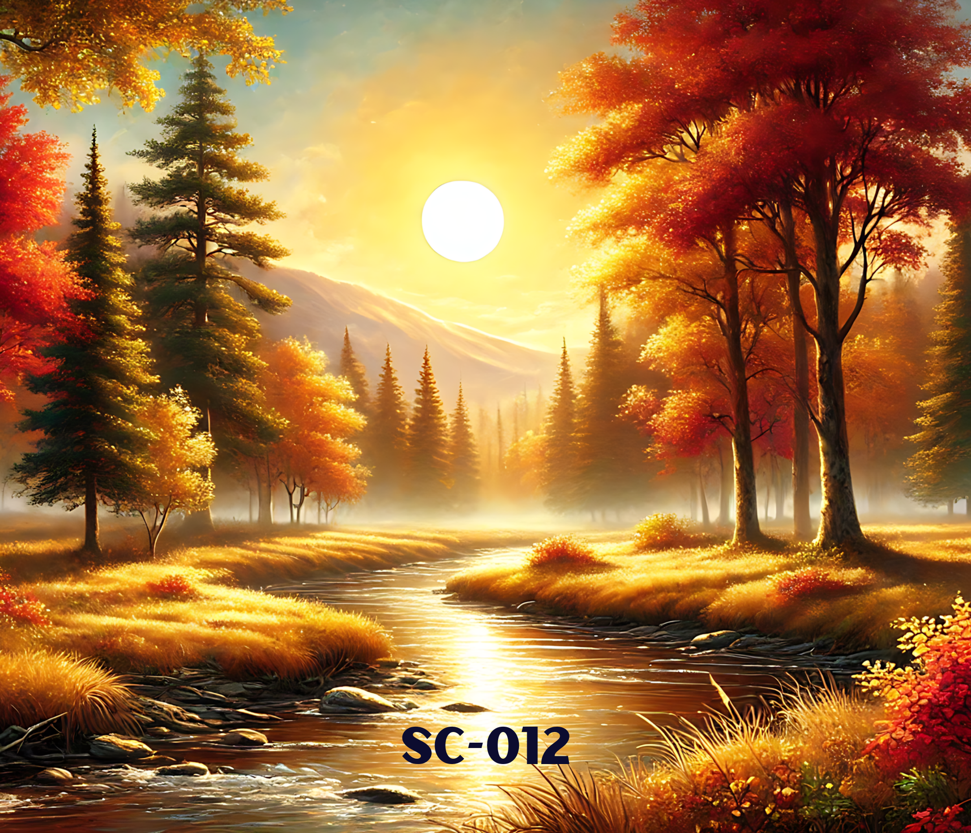 A vibrant autumn landscape featuring a gentle river flowing through a forest with trees in shades of red, orange, yellow, and green, illuminated by a setting or rising sun.