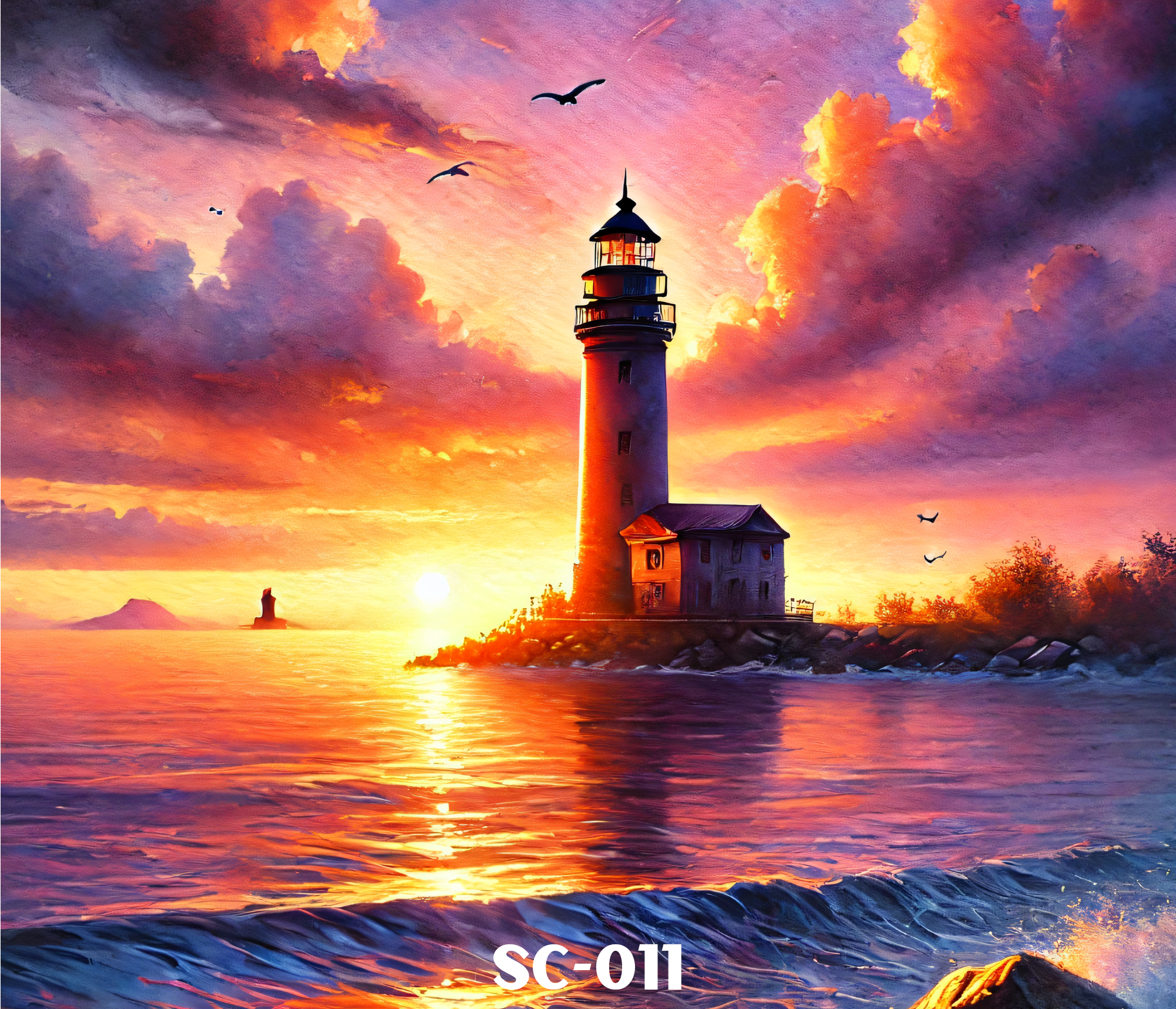 A lighthouse standing on a rocky coastline during sunset, with colorful sky and clouds. Birds are flying near the lighthouse and the scene is reflected in the water. The image has a painterly, artistic style.