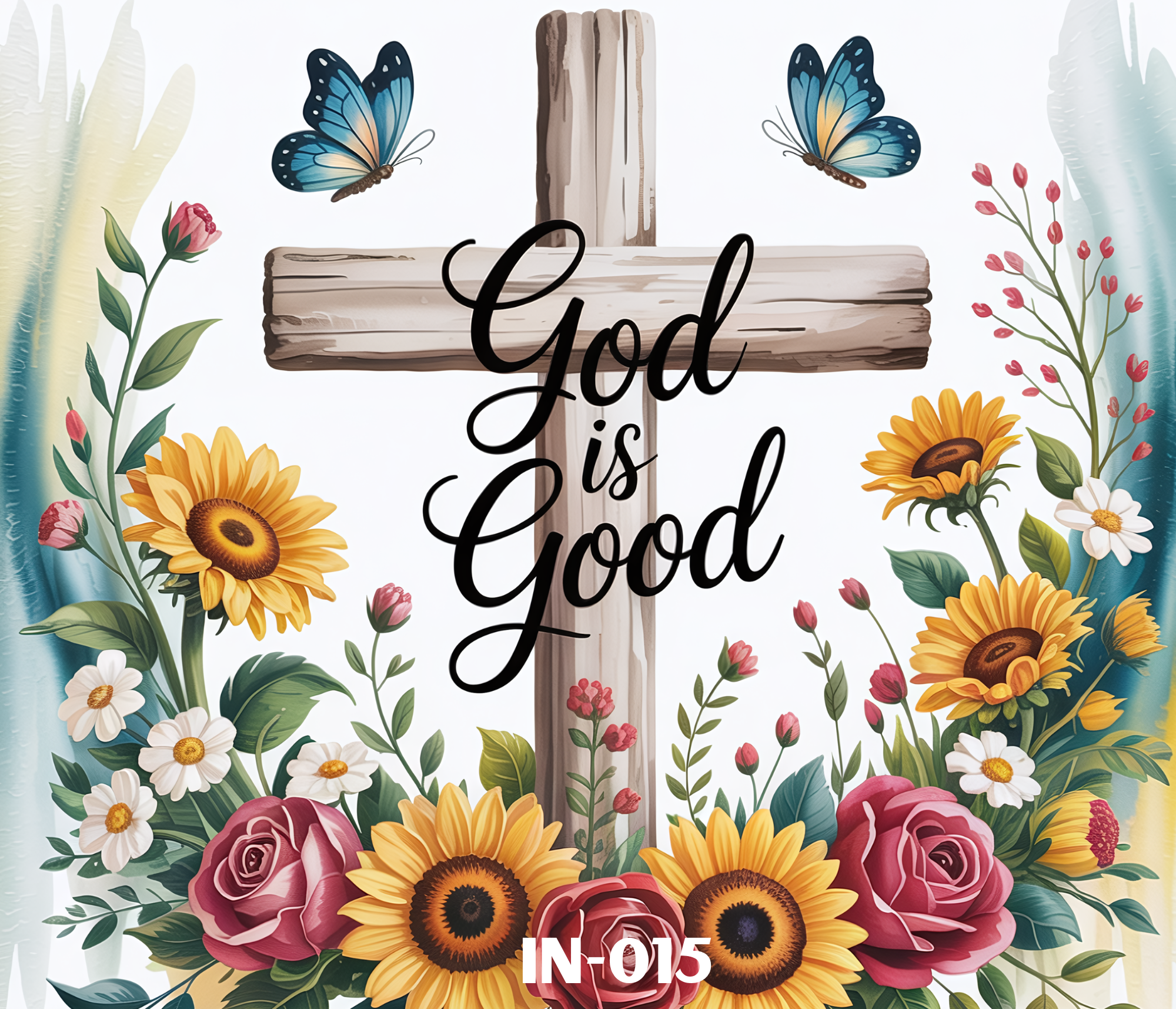A decorative sign with a cross and the words 'God is good' surrounded by colorful illustrations of flowers and butterflies.