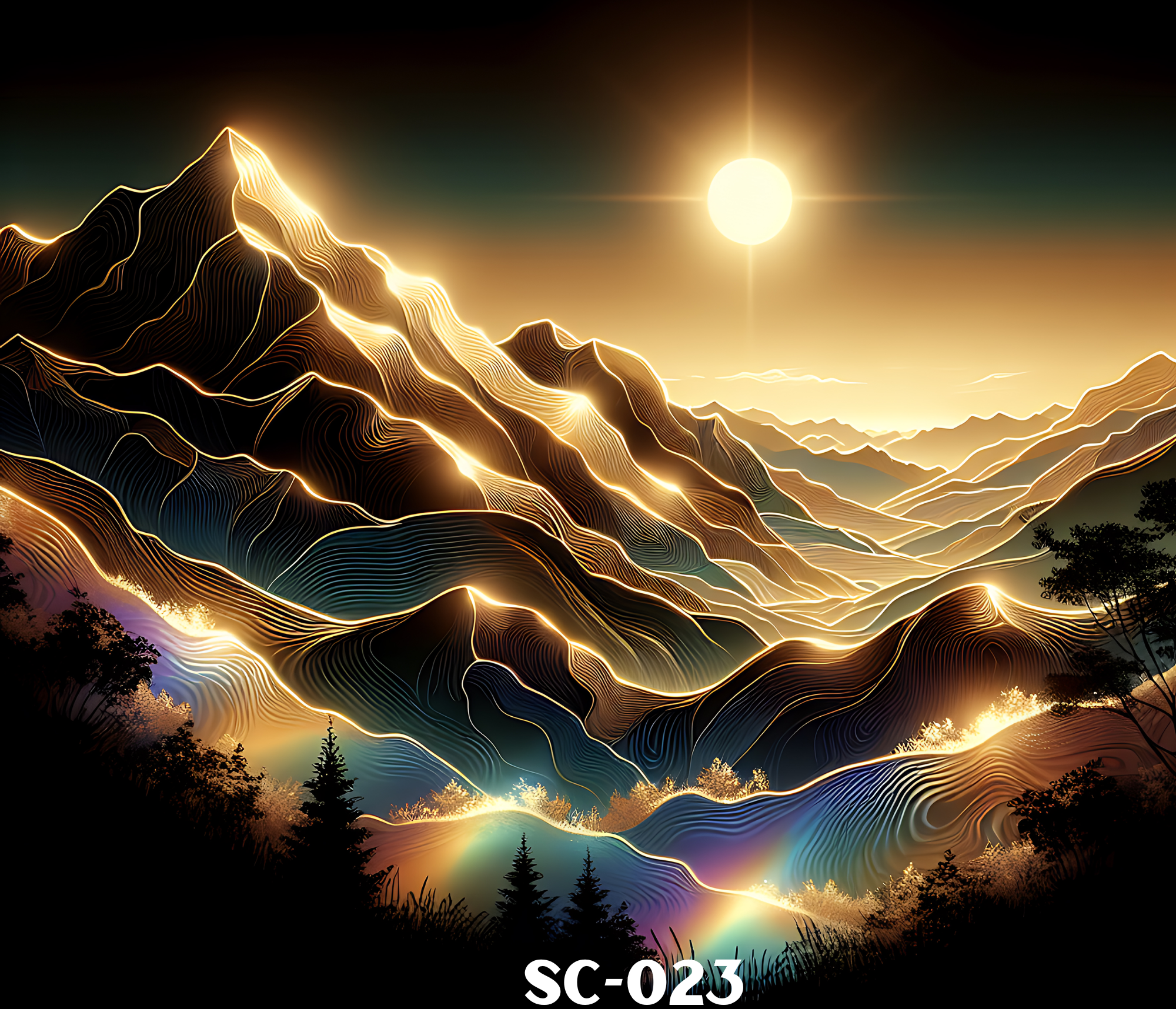 Digital illustration of a mountainous landscape at sunset with stylized, glowing outline contours, trees in the foreground,
