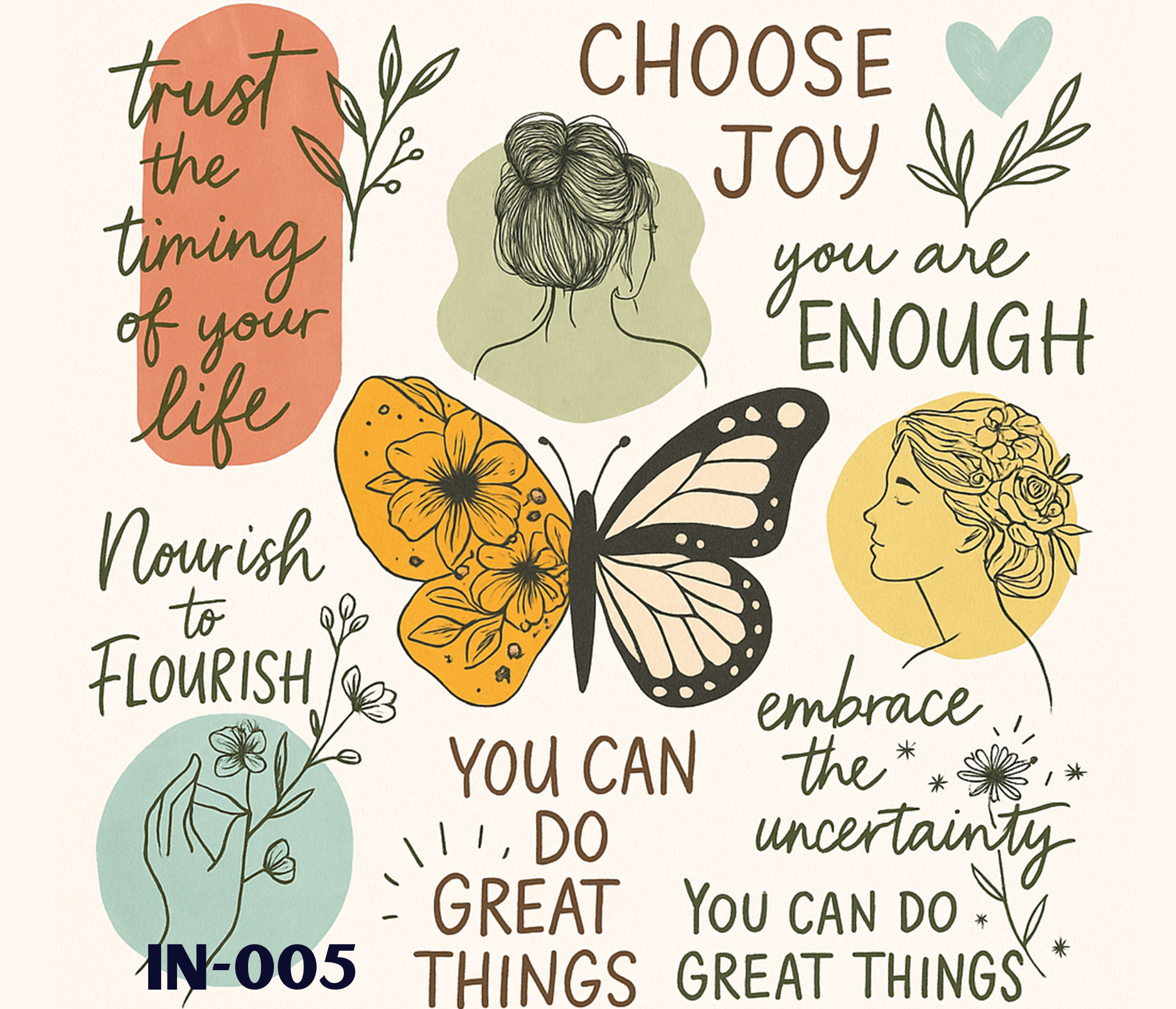 A colorful illustration with inspirational typography and drawings of a woman's face, flowers, butterflies, and hearts. The text encourages trust, patience, and positivity.