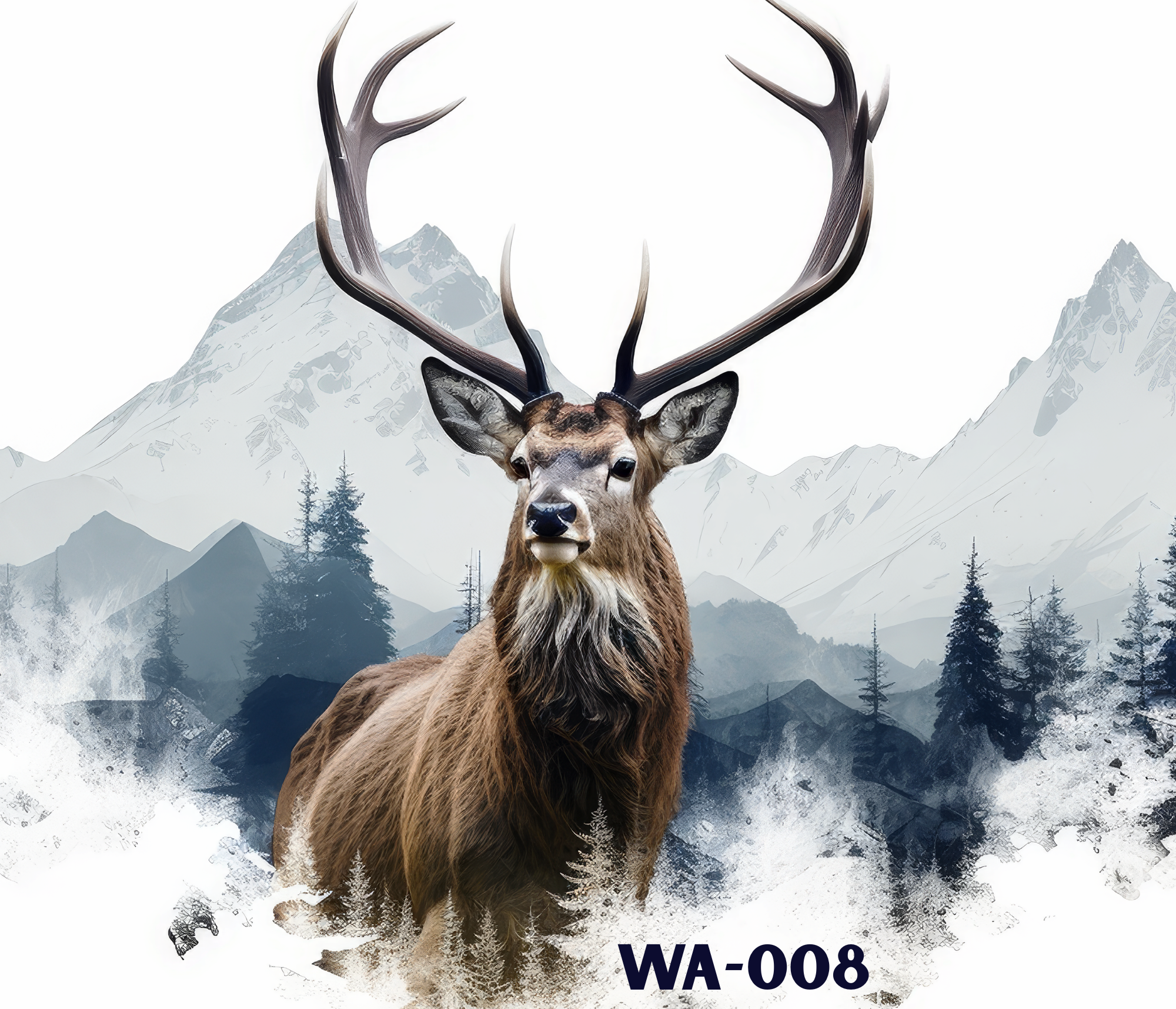 Landscape with snow-capped mountains, a forest at the base, and a large deer with big antlers in the foreground. The background is faded with a mountain range, and the foreground contains tall trees and a stylized appearance of the deer's head.