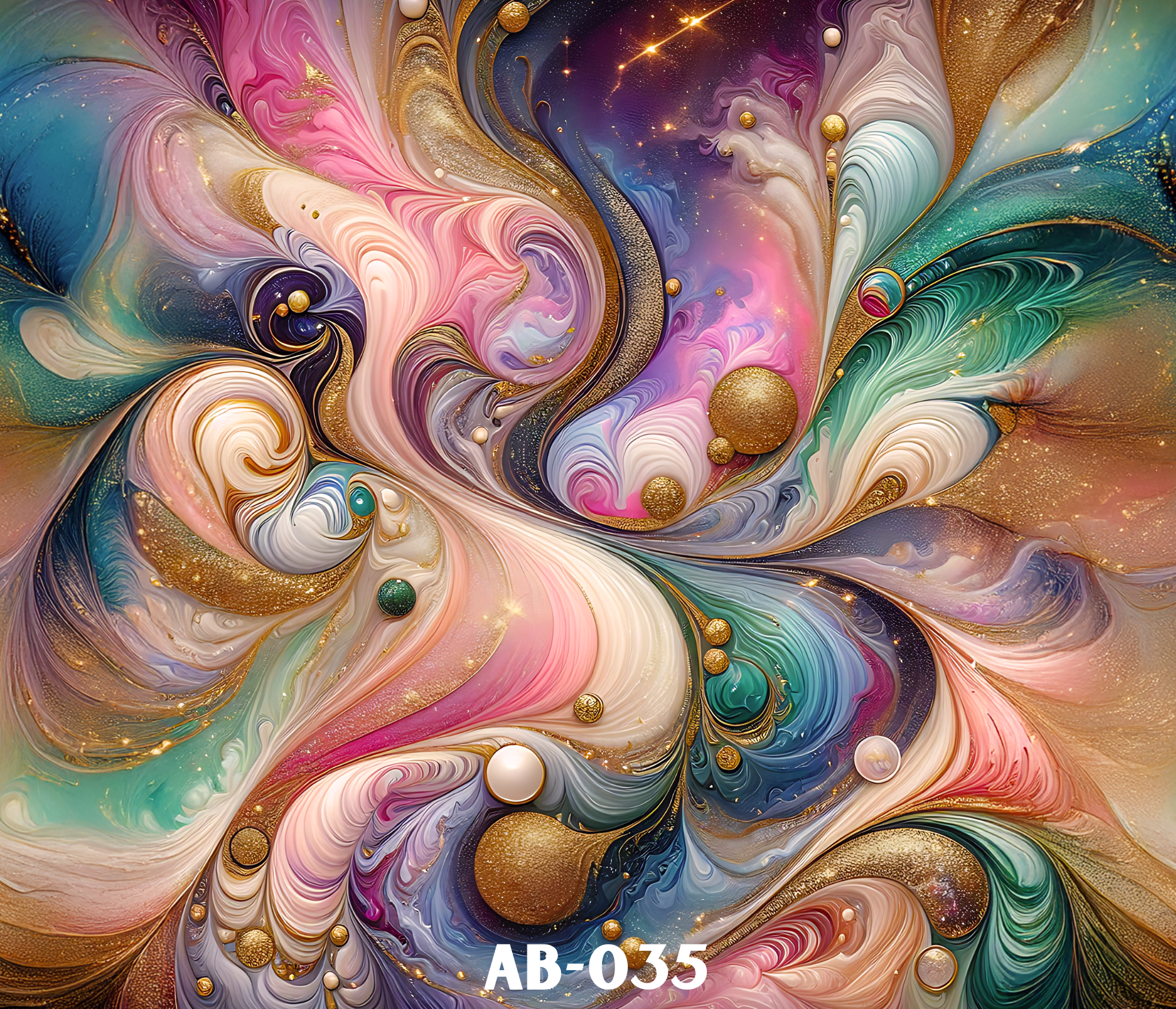 Abstract colorful swirling pattern with shades of pink, blue, gold, and white, with several gold and cream-colored spherical accents, and a label at the bottom reading 'AB-035'.