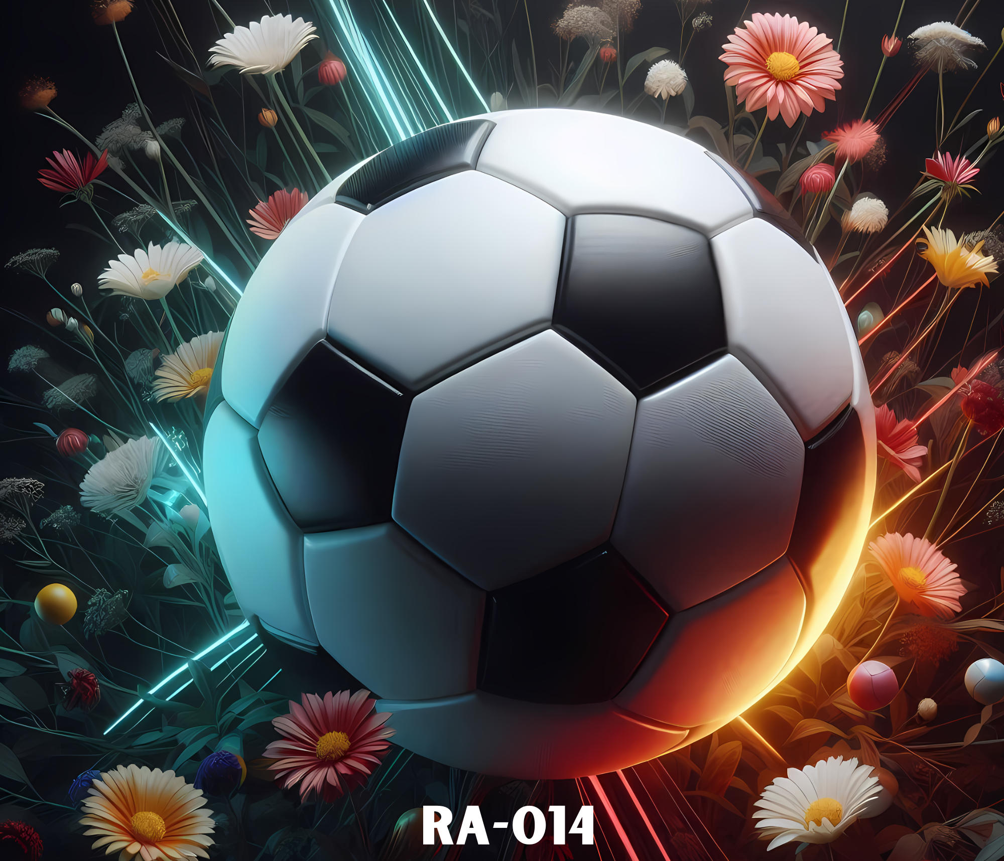 A digital illustration of a classic black and white soccer ball surrounded by colorful flowers, with glowing streaks of light, across a dark background.
