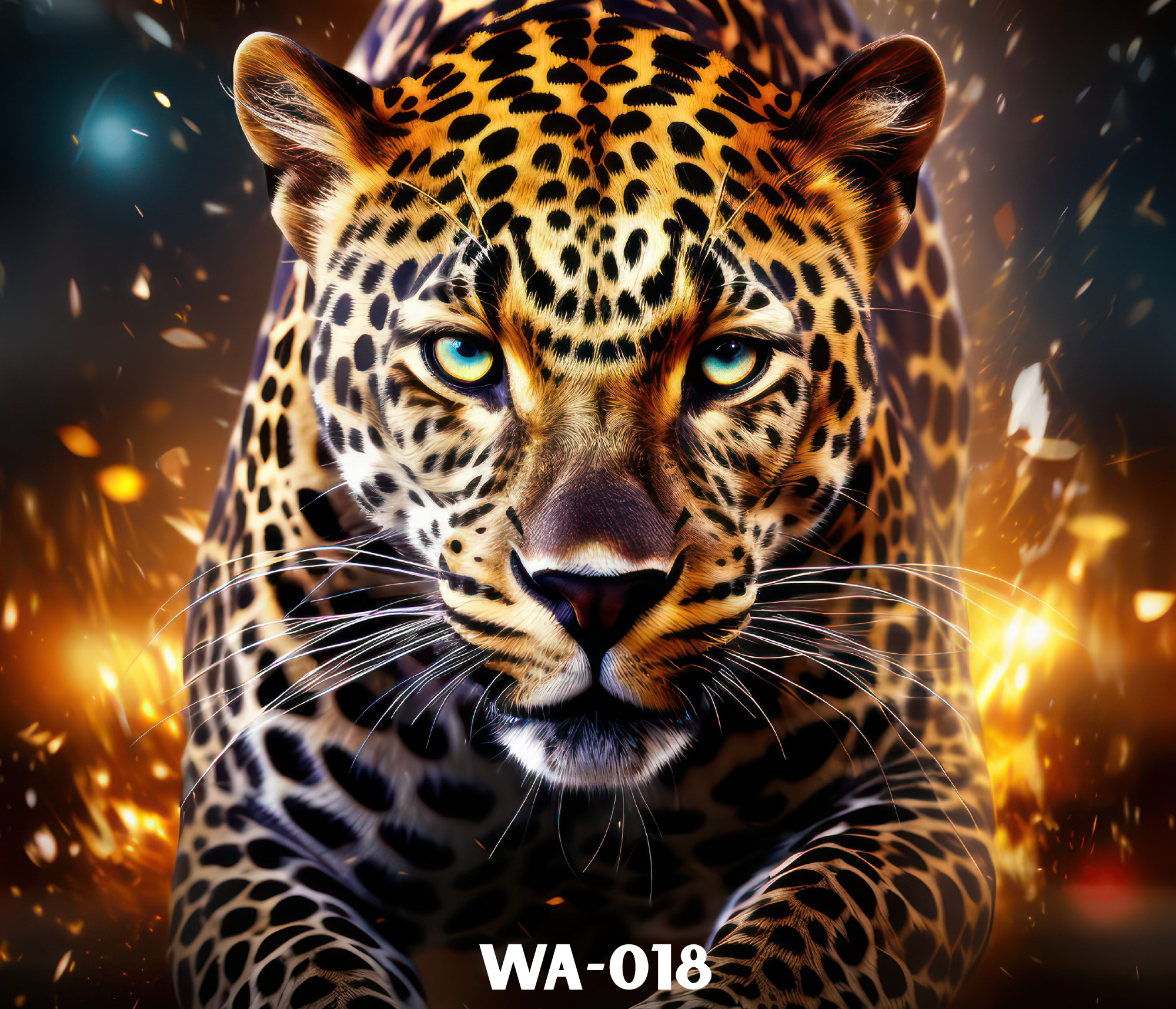 Close-up of a jaguar with piercing blue eyes, surrounded by glowing sparks, emphasizing its patterned fur and intense gaze.
