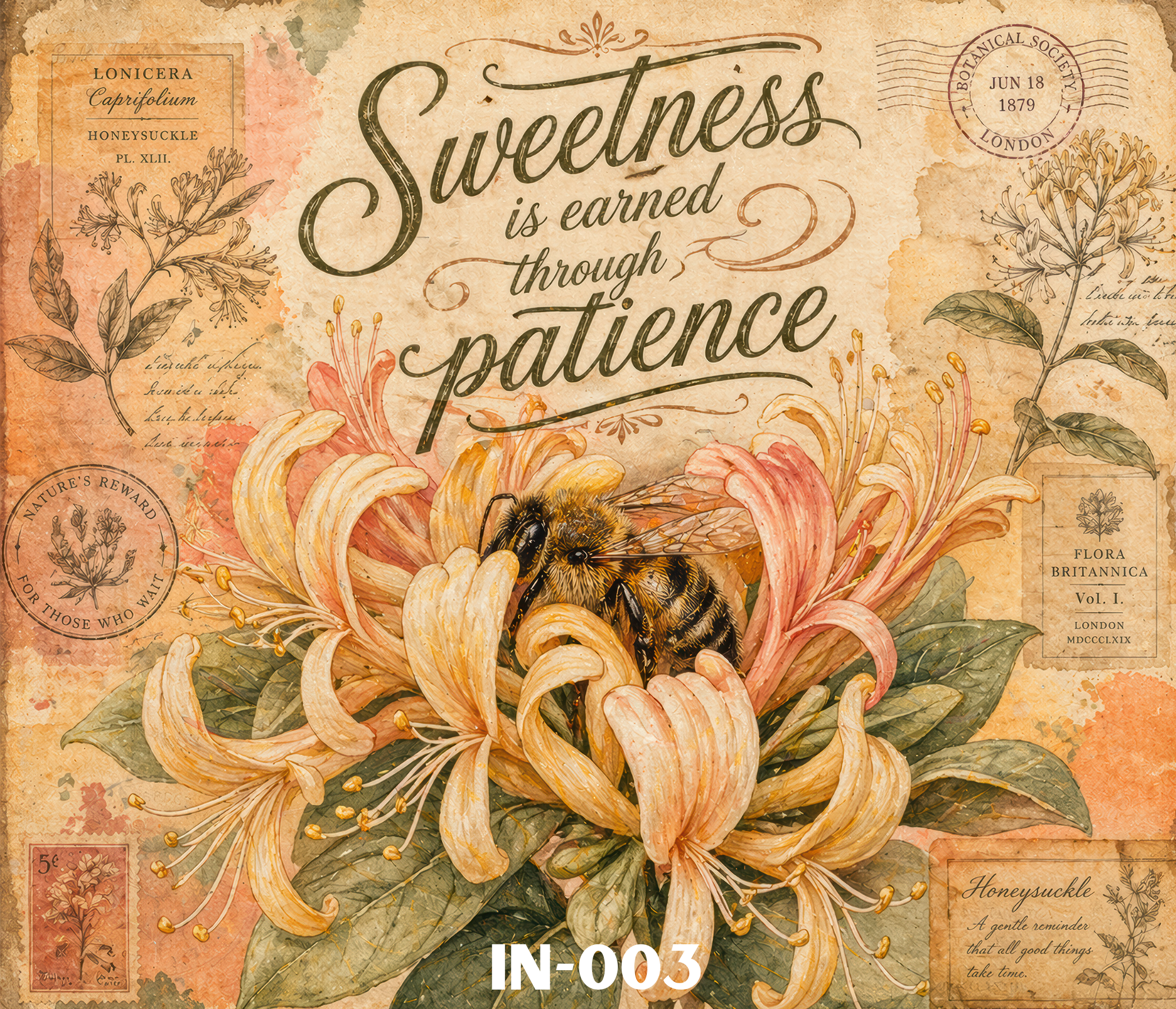 Decorative vintage-style botanical illustration with a quote about patience, overlaid with bee and flower images, and framed with old postage stamp designs.