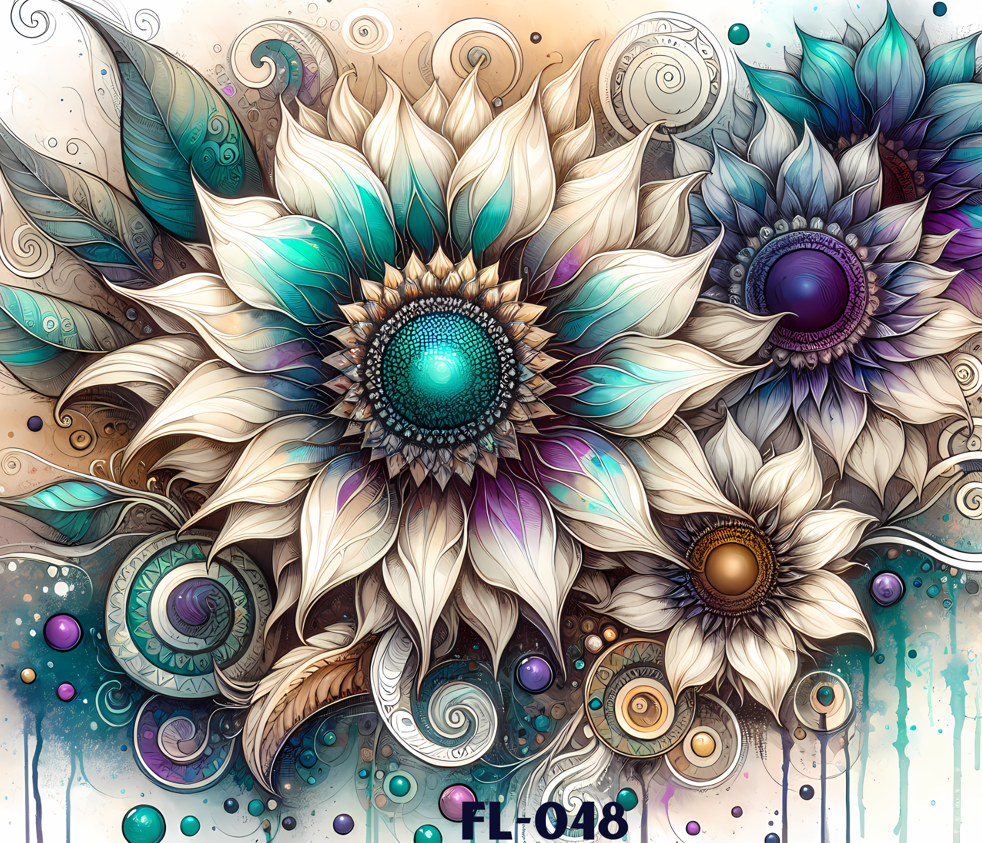 Abstract digital artwork featuring swirling shapes, feathers, and spirals in shades of blue, teal, purple, and beige with accents of black and gold. Contains text 'GF-048' at the bottom.