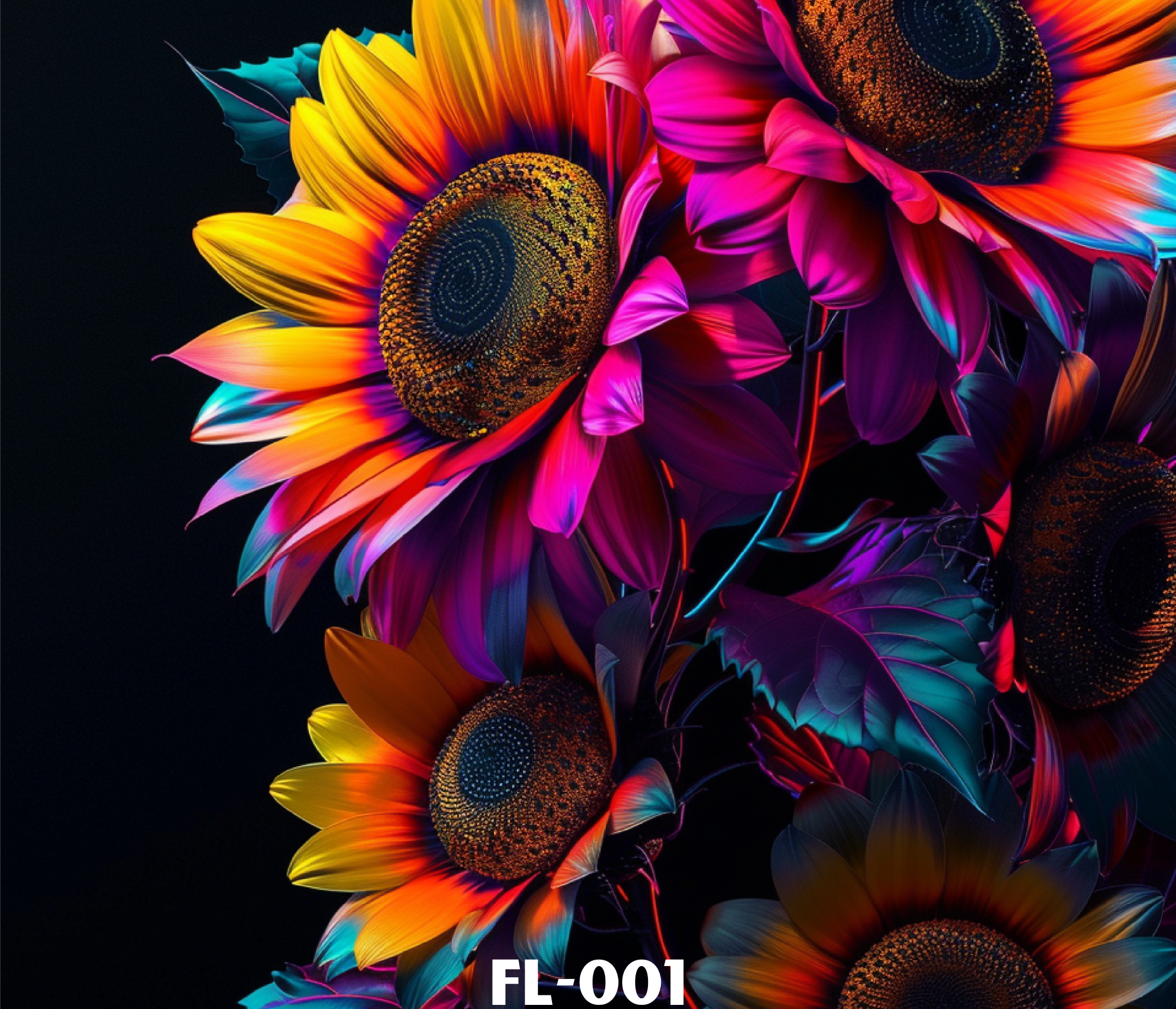 Vivid, colorful sunflower with petals in shades of yellow, orange, pink, purple, and blue against a black background.
