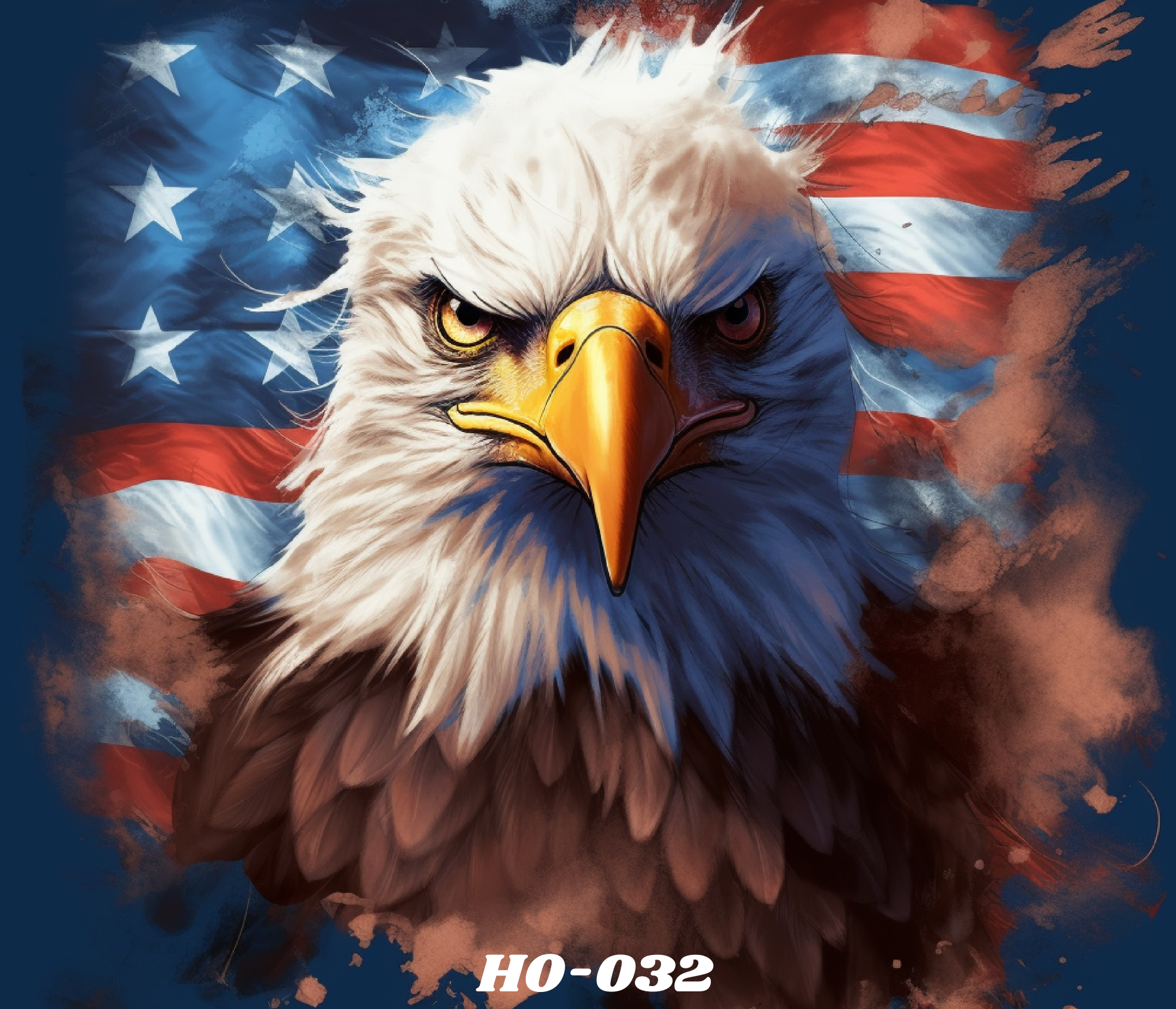 Digital painting of a fierce eagle with an American flag background. The eagle's head is in the foreground with bright yellow eyes, a sharp yellow beak, and detailed white feathers. The American flag appears as a stylized, painted backdrop with red and white stripes and white stars on a blue field.