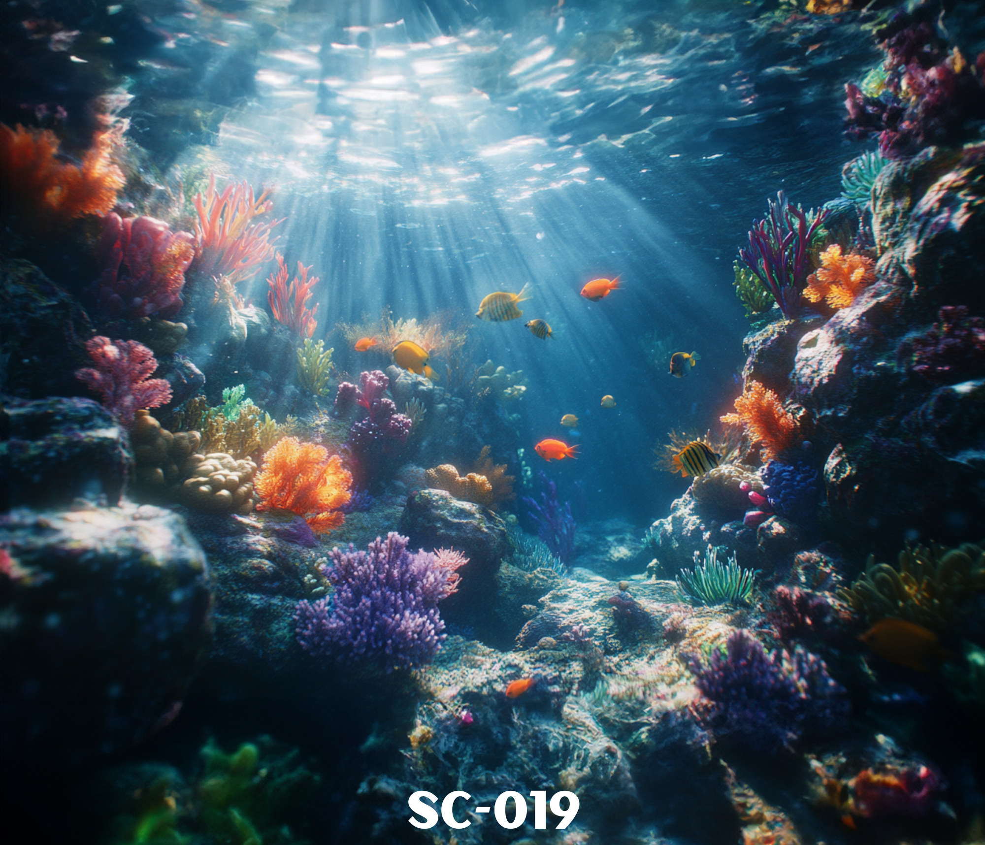 Underwater scene of a coral reef with colorful coral formations and various fish swimming, with sunlight filtering through the water