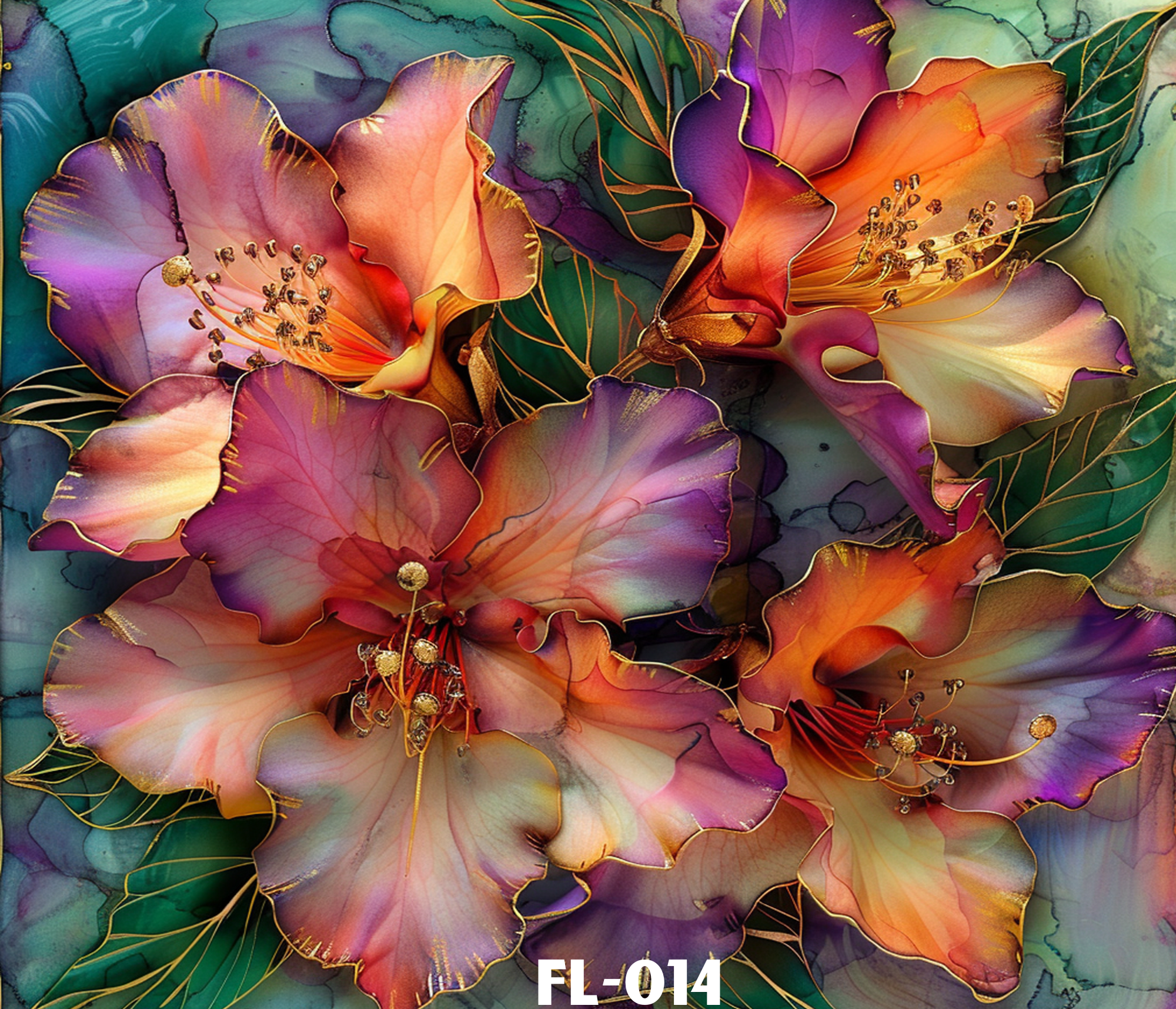 Close-up of colorful, semi-translucent flower petals with gold outlines and stamen details, set against a vibrant background of leaves and watercolors.
