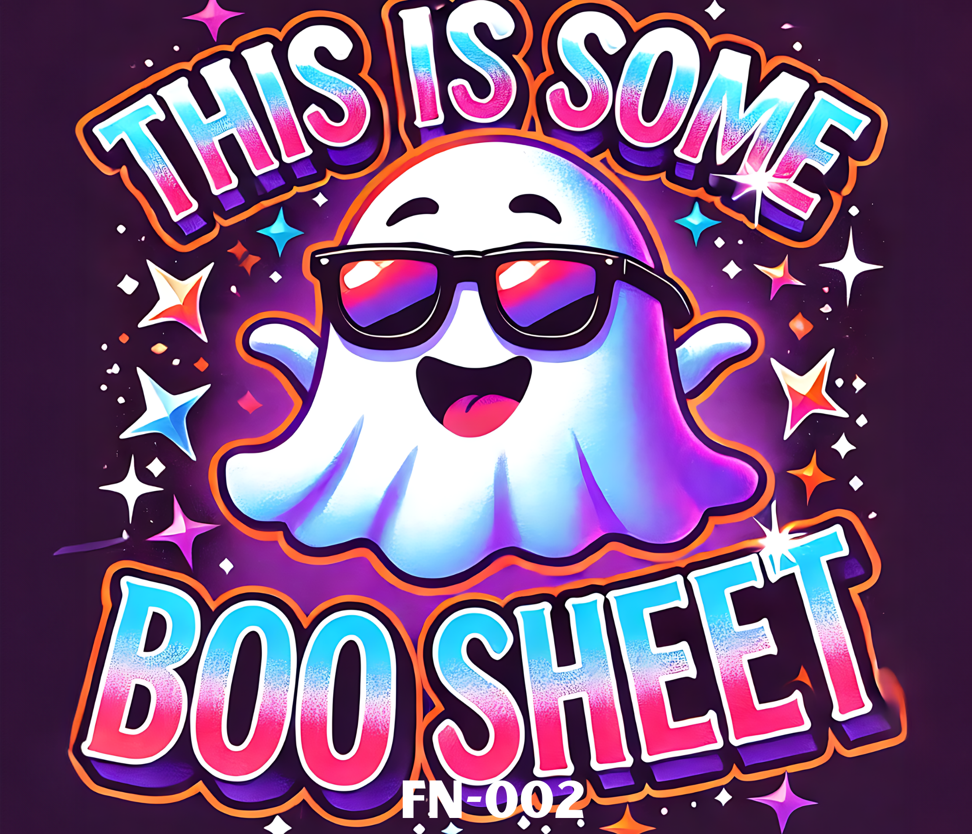 Colorful neon-style poster with a happy, anthropomorphic ghost wearing sunglasses and a cap, surrounded by stars and sparkles. The poster reads 'This Is Somet' and 'Boo' in stylized text.