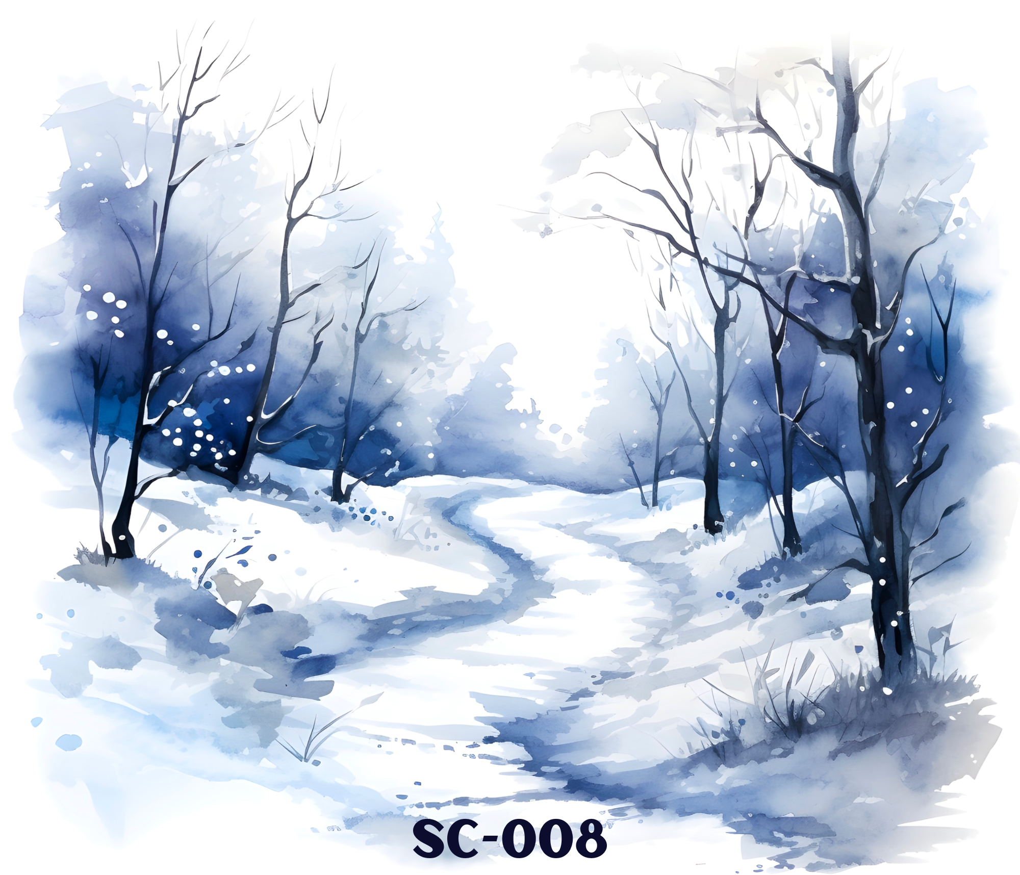 Digital watercolor painting of snow-covered trees in a winter landscape with a light, cloudy sky.