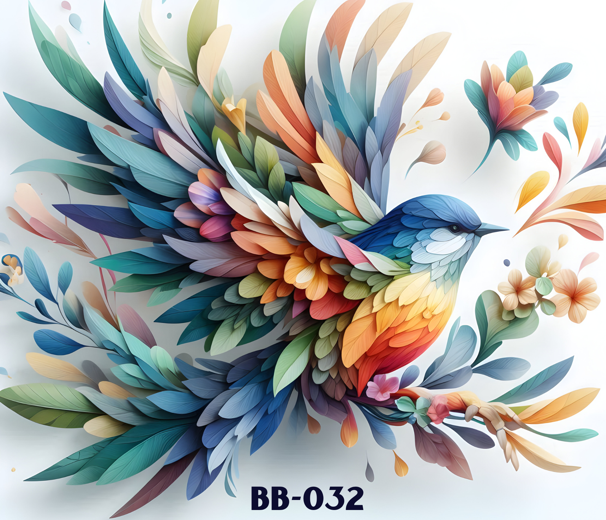 Colorful paper art of a bird with elaborate tail feathers in shades of blue, green, purple, pink, and orange,