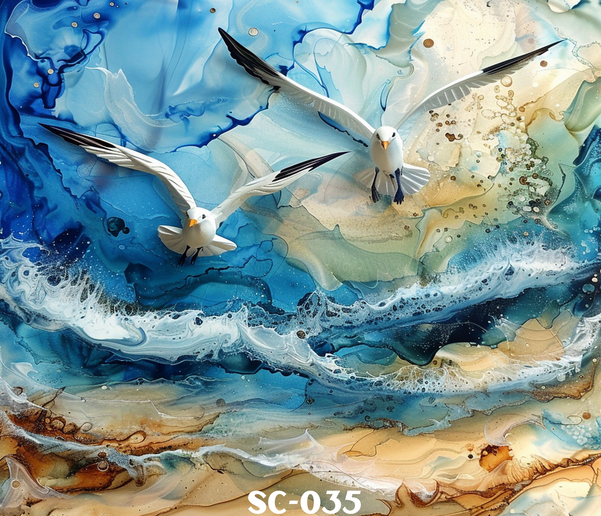 Abstract fluid art with blue, cream, and brown swirls, featuring several white bird figurines with black-tipped wings and orange beaks,