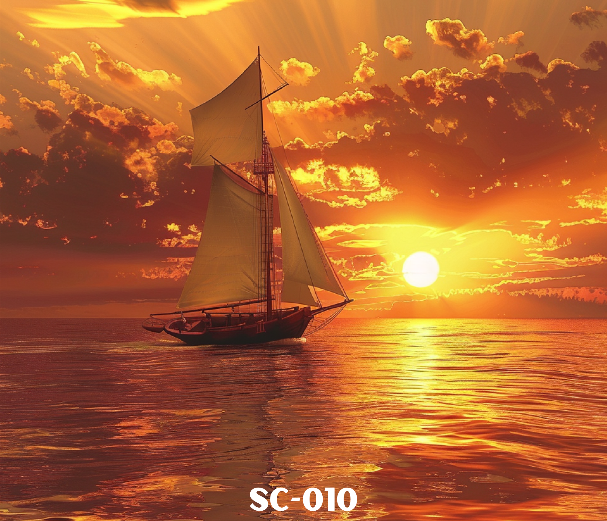 A sailboat sailing on calm water during sunset with a vibrant orange sky and scattered clouds, with the text 'SC-010' at the bottom.