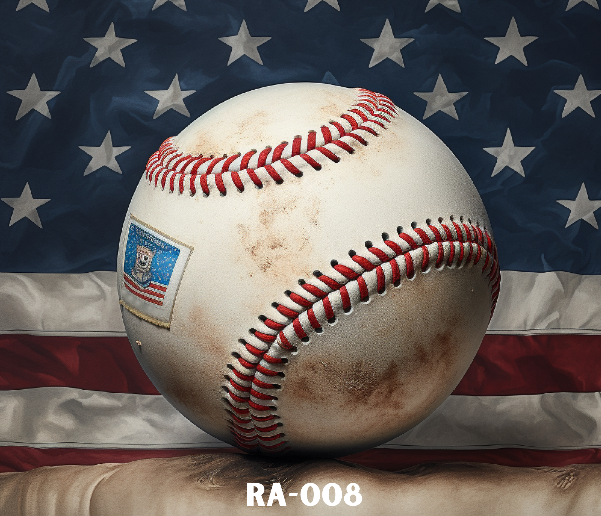 Close-up of a worn white baseball with red stitching, against an American flag background.