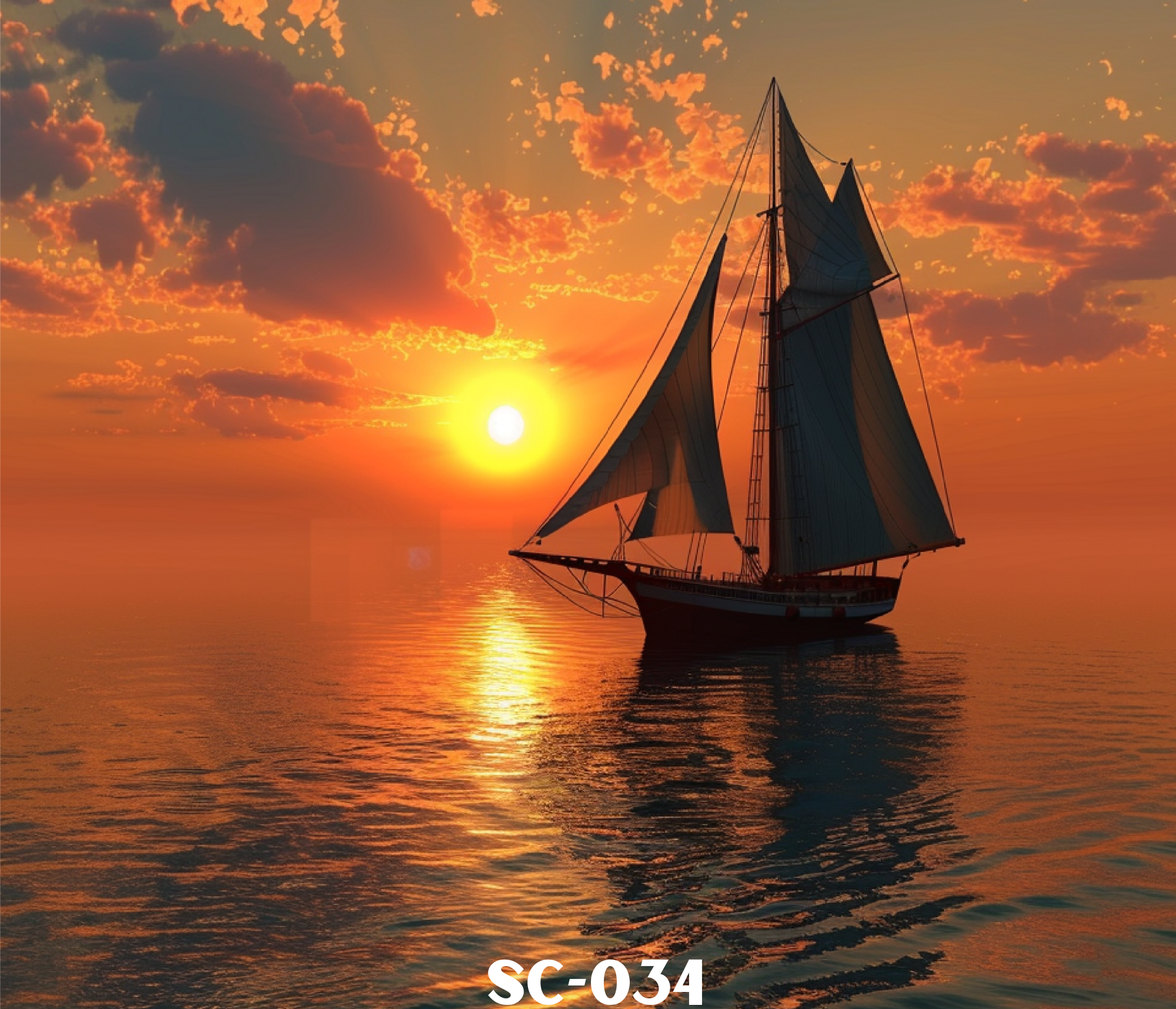 Sailing ship on water during sunset with orange clouds in the sky