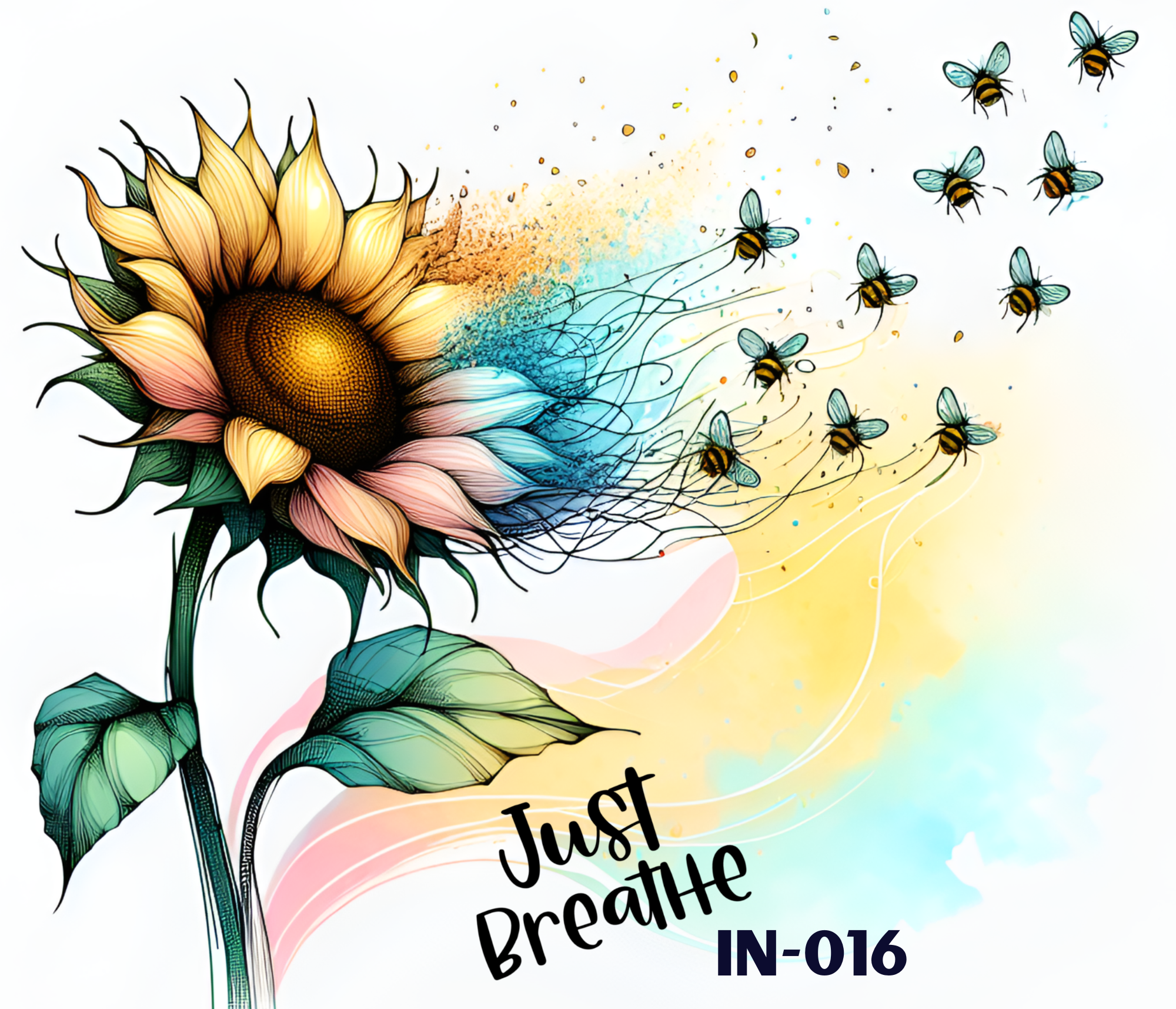A digital illustration of a sunflower with black text on a white background reading "Just breathe" and eight bees flying around the sunflower, with blue and yellow watercolor splashes in the background.