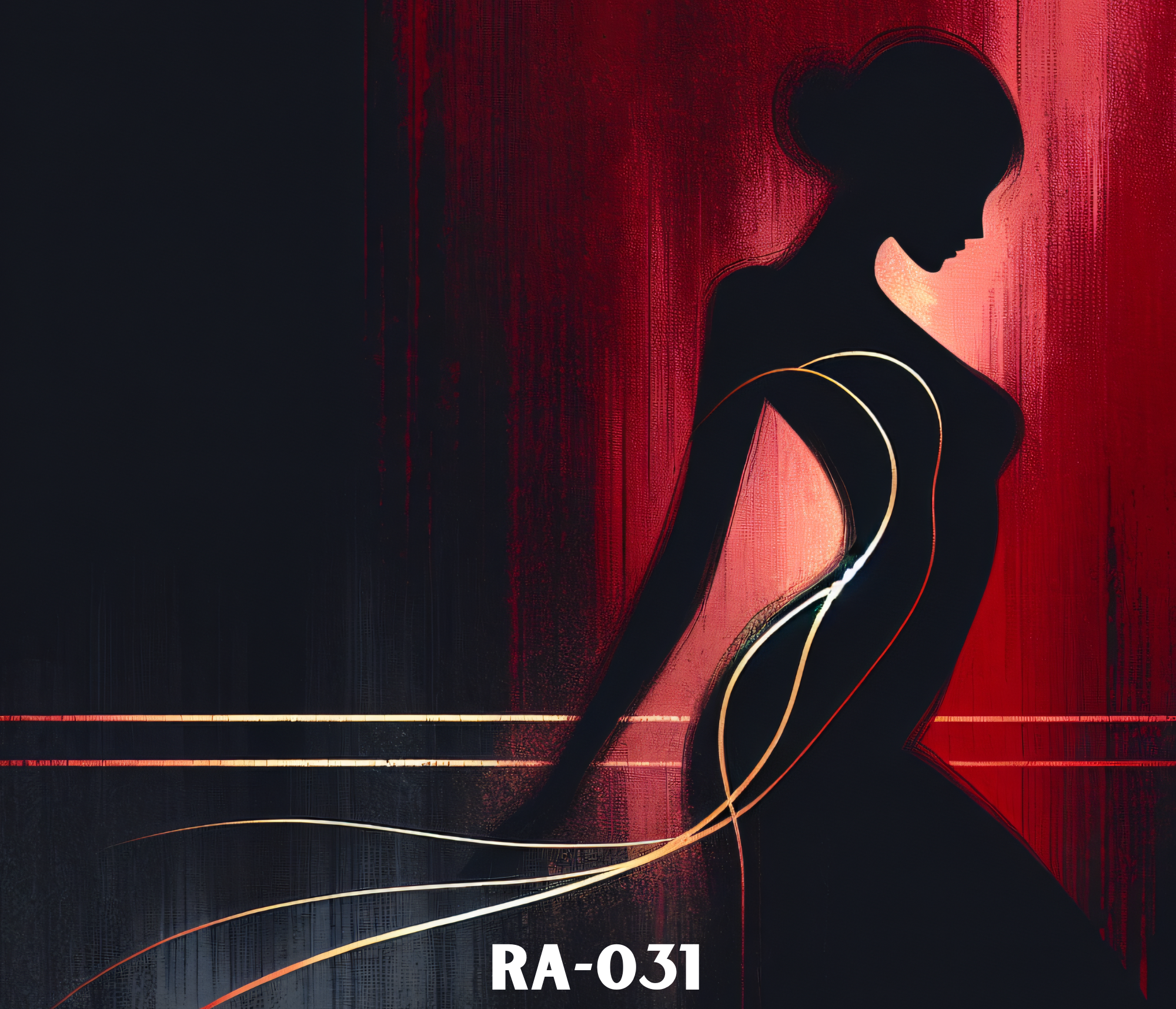 Abstract digital artwork featuring a silhouette of a person's face with closed eyes, surrounded by glowing light lines on a predominantly red and black background,