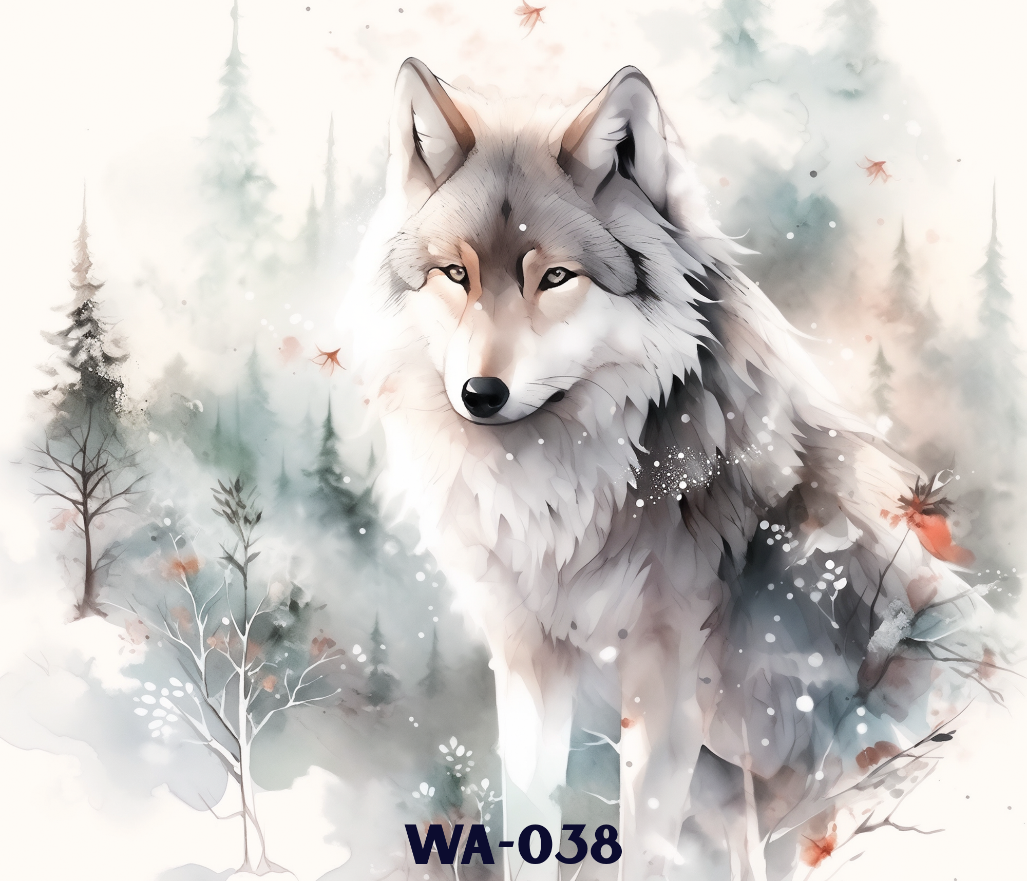 Digital illustration of a wolf with piercing eyes in a snowy forest, with trees and falling leaves,