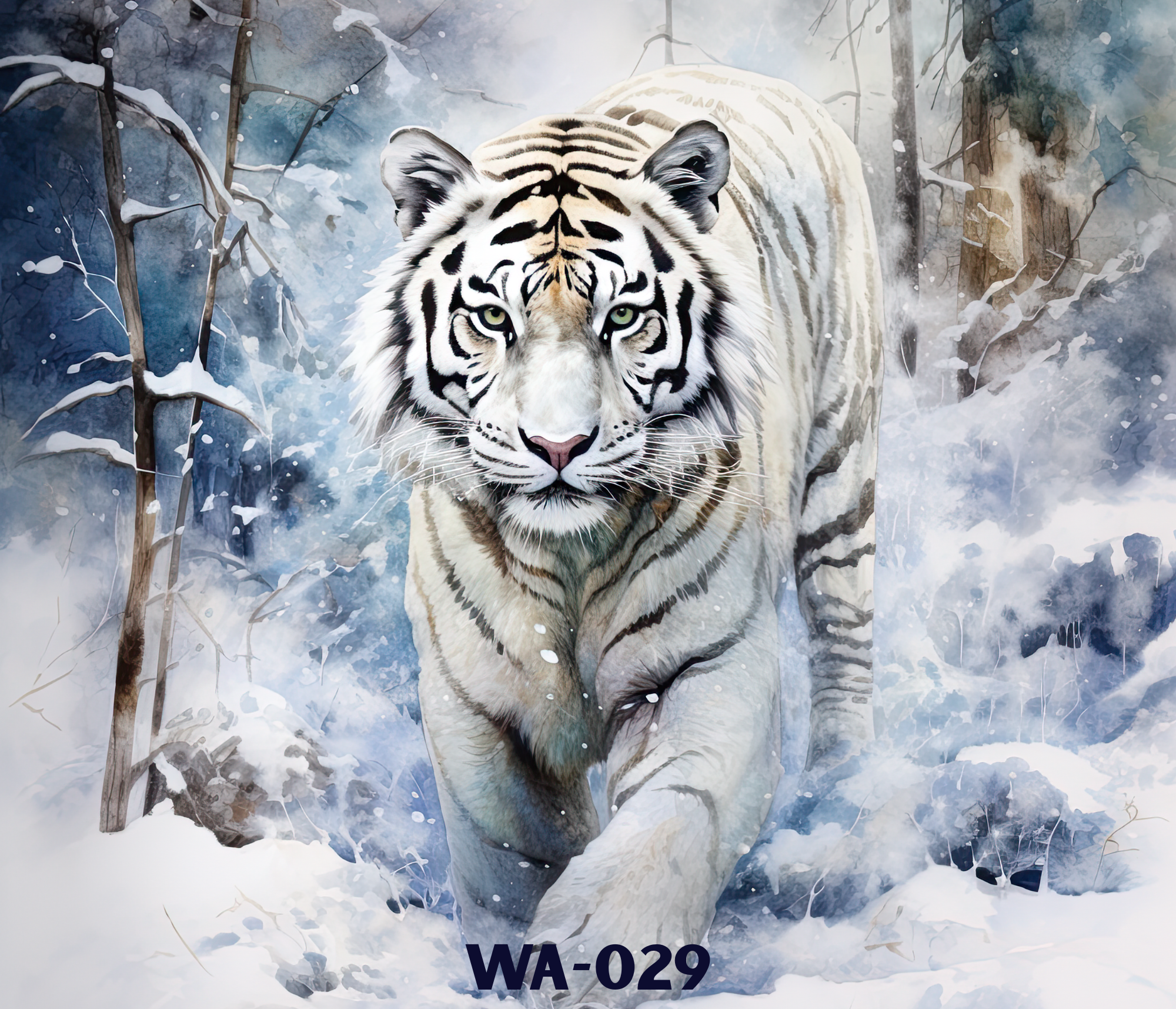 A white tiger walking in a snowy, winter forest with snow-covered trees and rocks