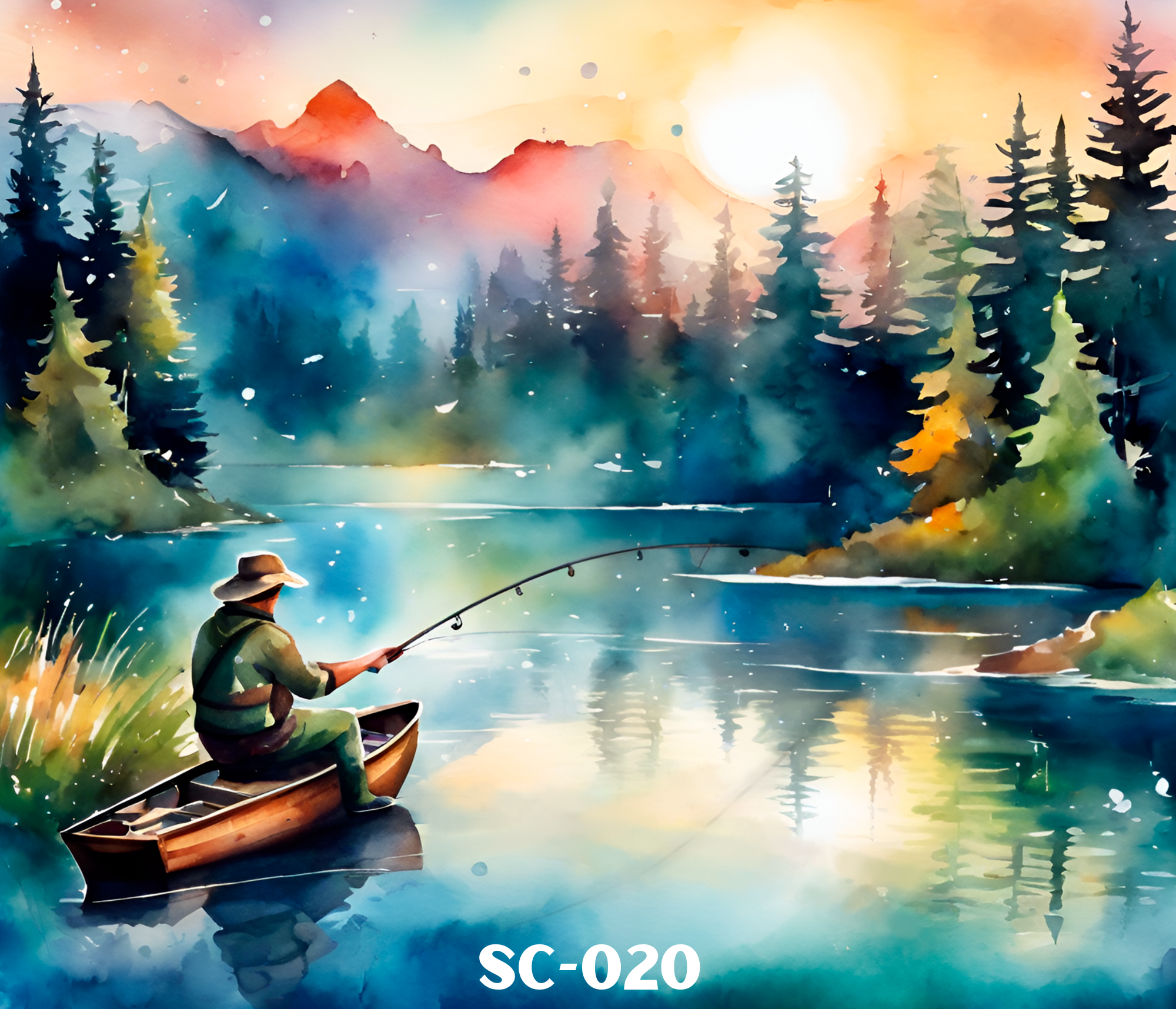 A colorful watercolor painting of a person in a boat fishing on a calm lake at sunset, surrounded by mountains and trees.