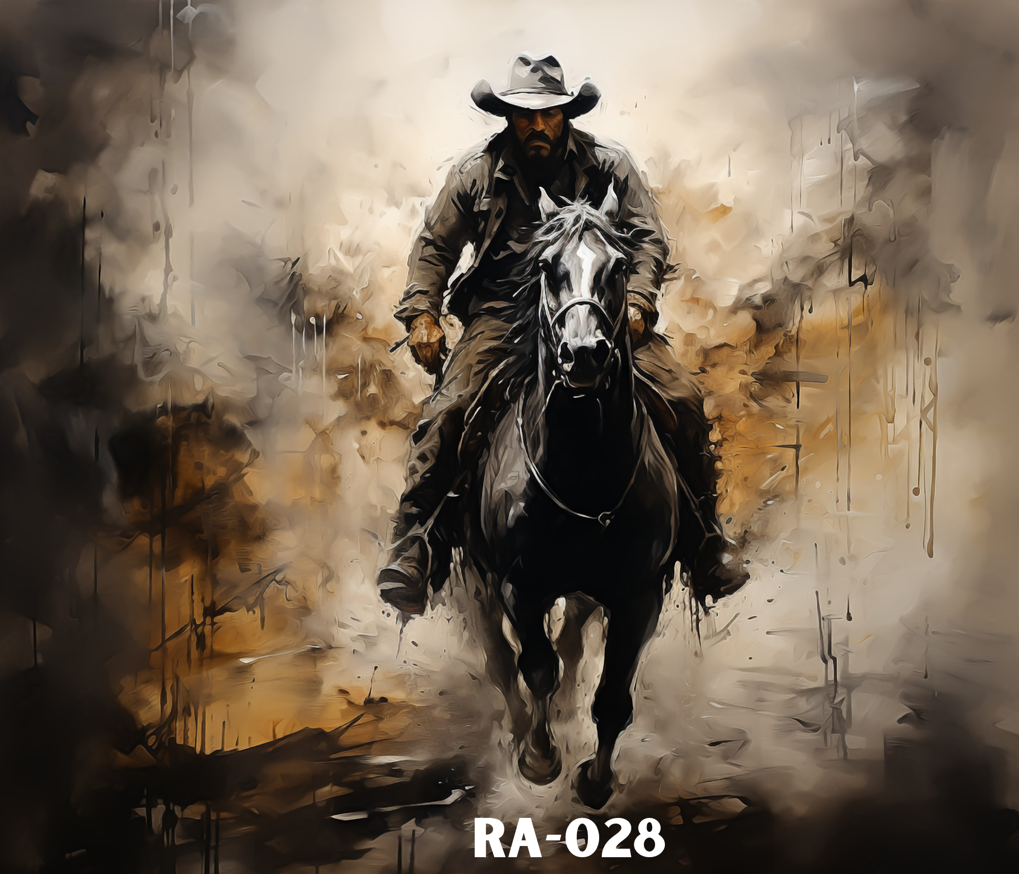 A painting of a male cowboy wearing a hat and riding a horse through a dusty landscape. The background is a blend of smoke, dust, and muted earth tones.