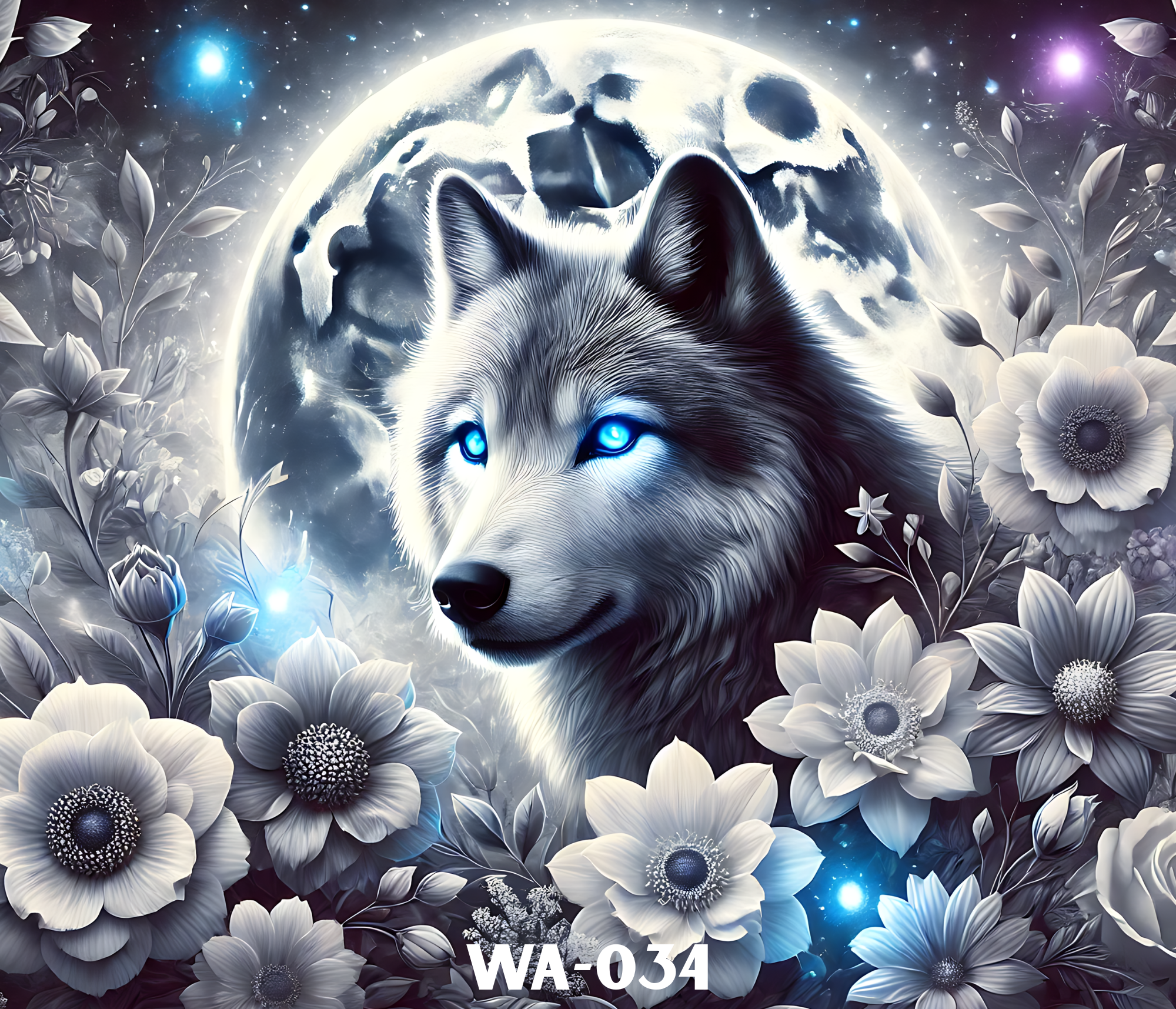 A digital artwork depicting a wolf with icy blue eyes, surrounded by white and black flowers, and a celestial background with stars and a glowing moon.