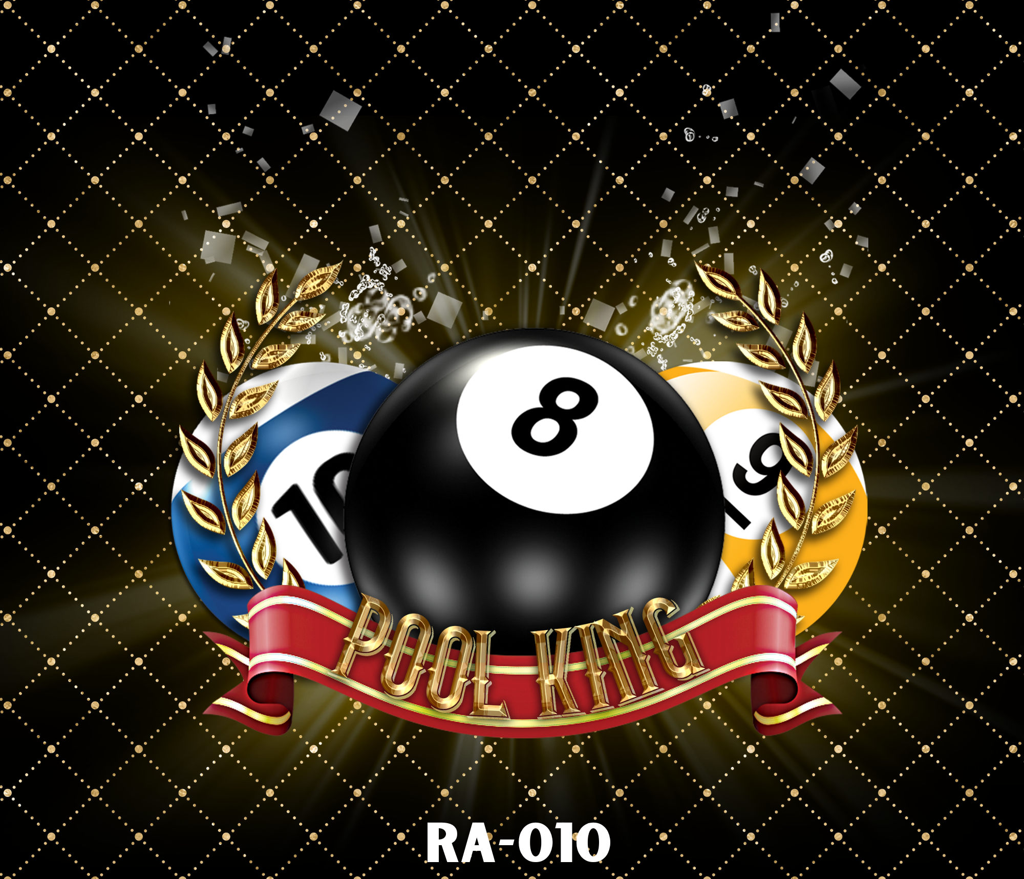 A decorative graphic celebrating the New Year, featuring a black 8-ball at the center surrounded by gold laurel leaves, a red ribbon scroll with the words 'Party Yourself,' and a large banner with the text 'Happy New Year'  with a background of gold dots and squares.