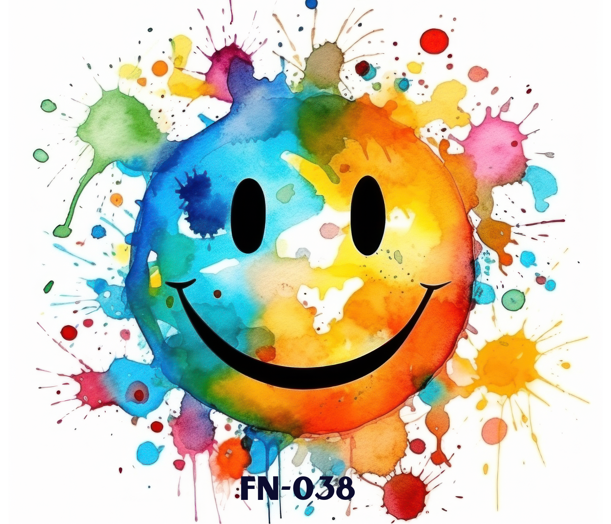 Colorful watercolor splash painted in the shape of a smiley face with black eyes and a curved mouth. The background is white, with multicolored paint splatters surrounding the face.