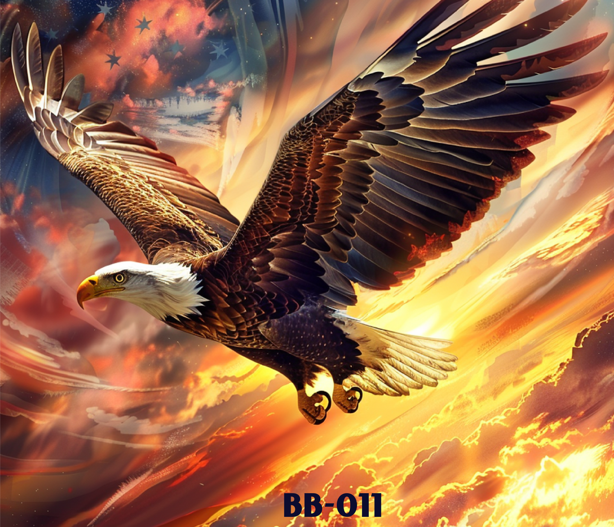 Eagle with outstretched wings soaring against a colorful sky with clouds and lightning,