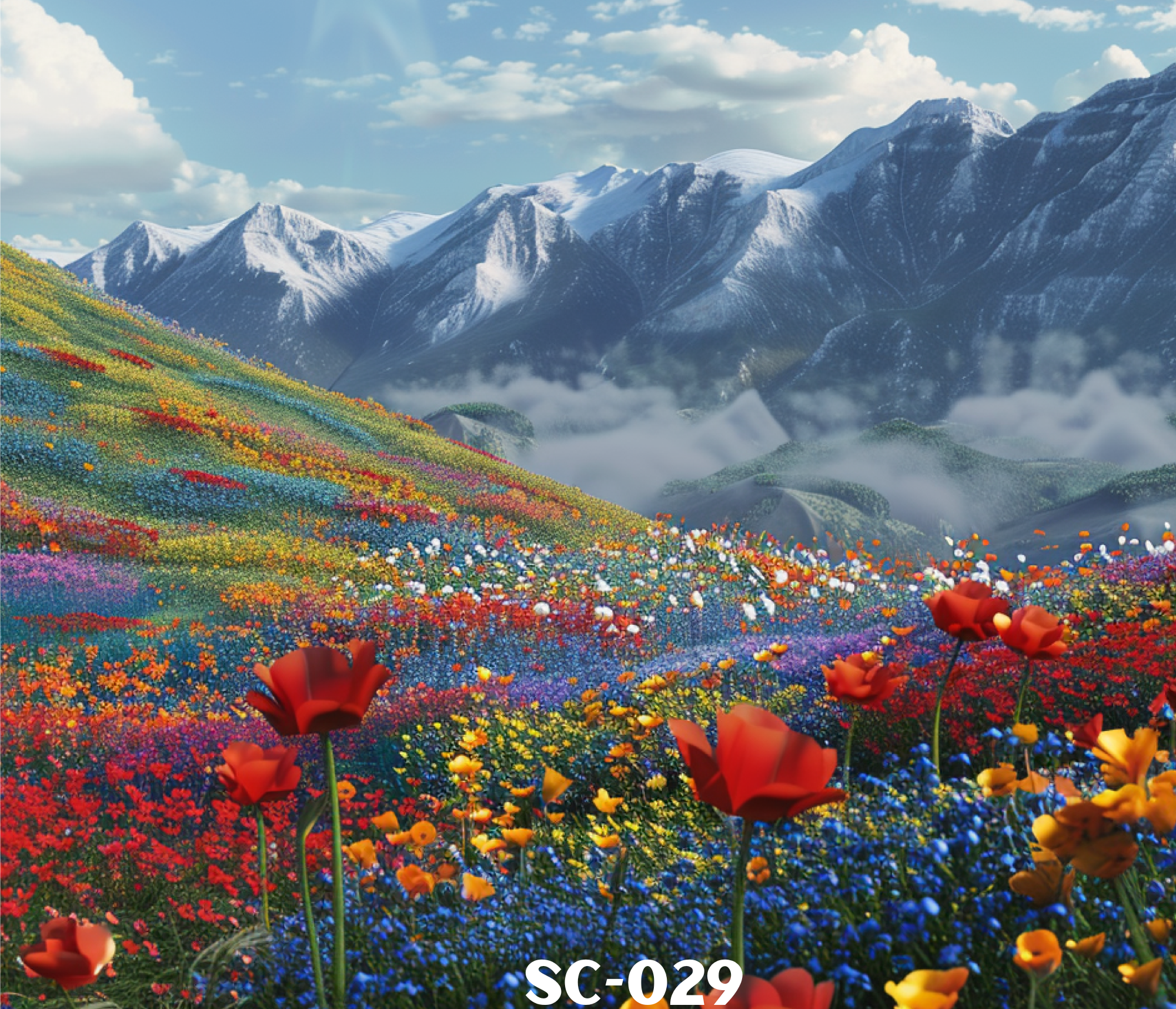 A vibrant mountain landscape with snow-capped peaks, a sky filled with clouds, and a colorful flower meadow in the foreground.
