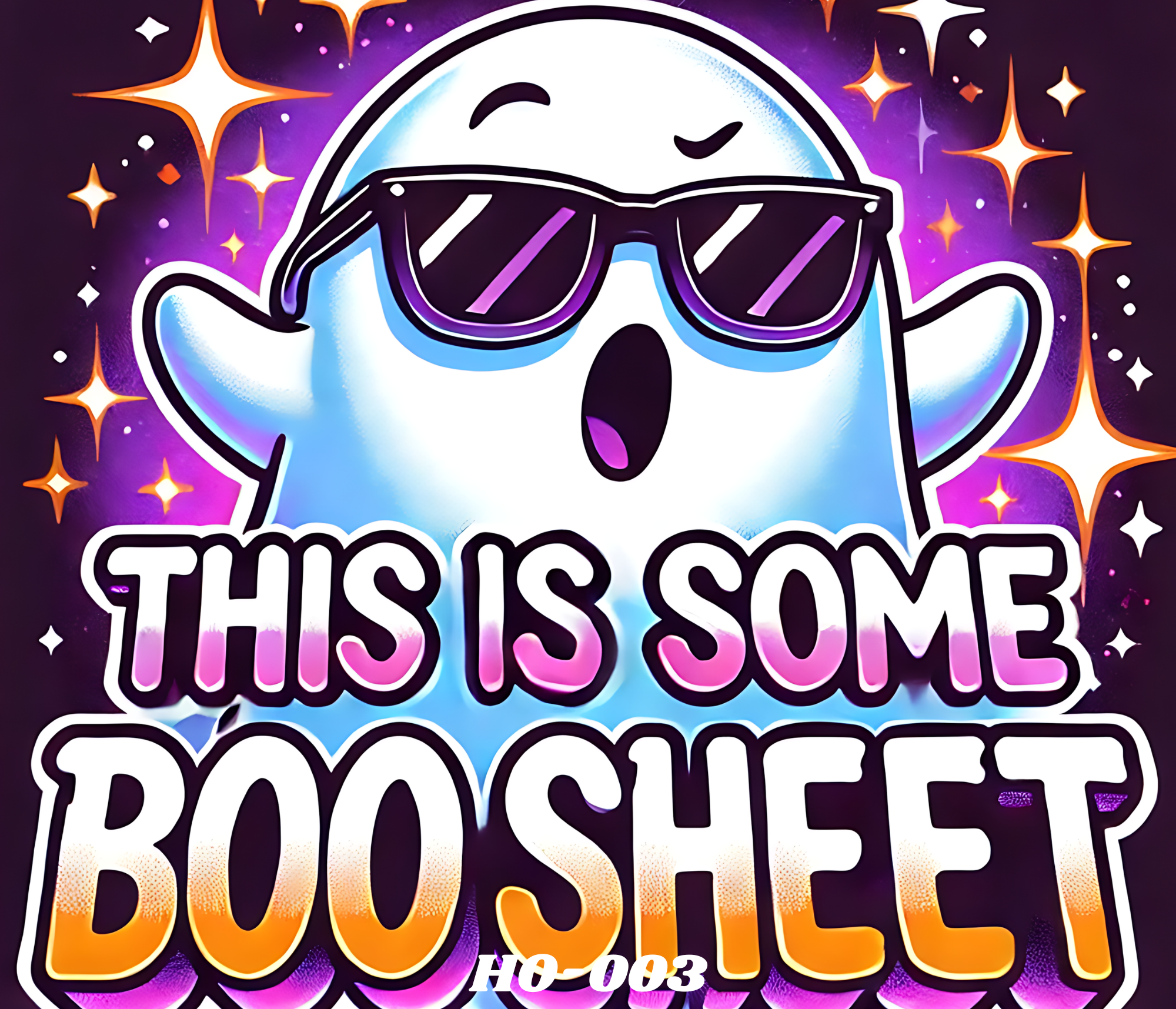 A cartoon image of a white ghost with a playful expression, wearing black sunglasses with purple reflections, surrounded by sparkling stars and colorful nebula-like background. The text "THIS IS YOUR DAY" is written at the bottom in bold, pink, and orange letters.