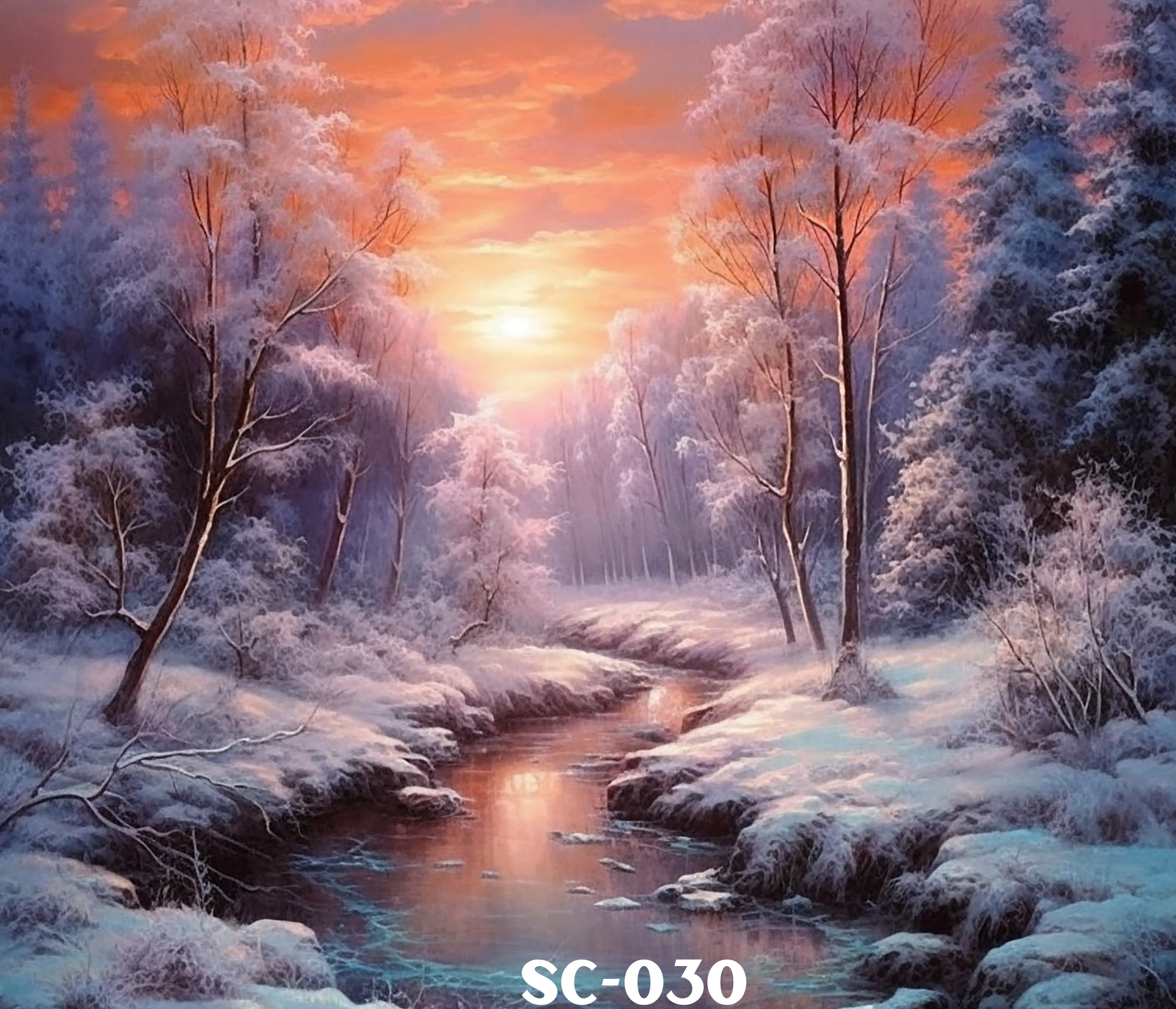 A winter landscape painting shows a river flowing through snow-covered trees with a colorful sunset sky in the background.