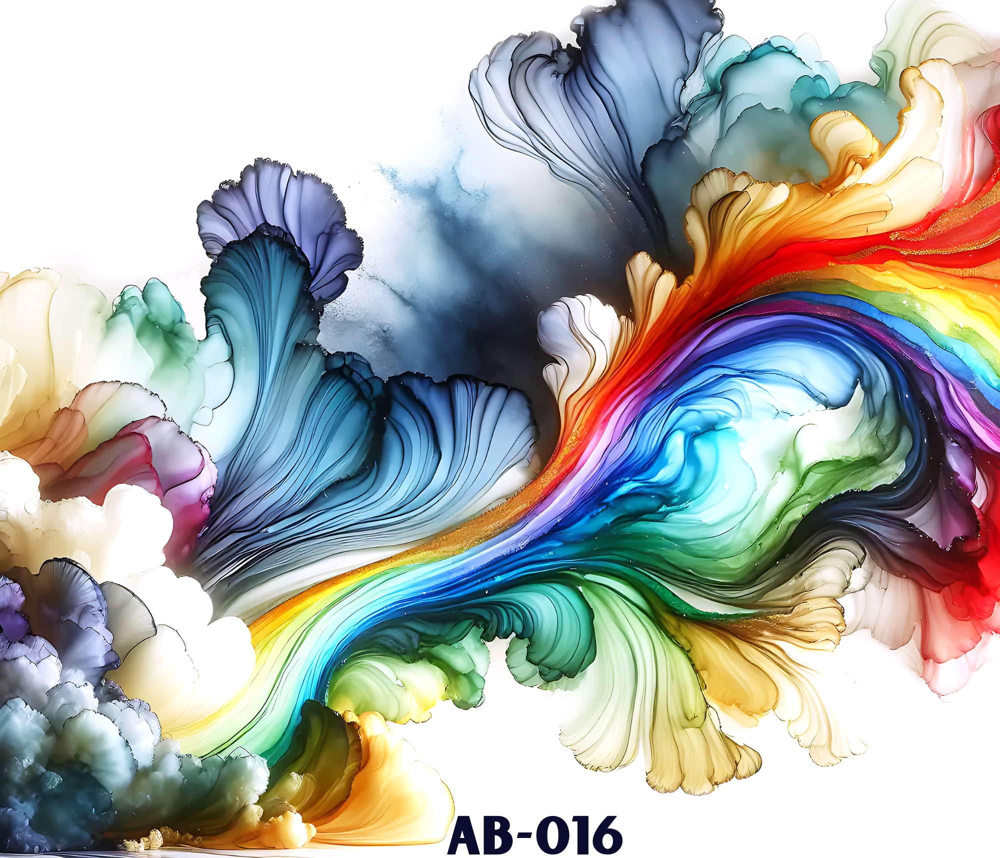 Colorful abstract design resembling flowing watercolor paint with shades of blue, green, yellow, orange, red, purple, and white, and the text 'AB-016' at the bottom right corner.