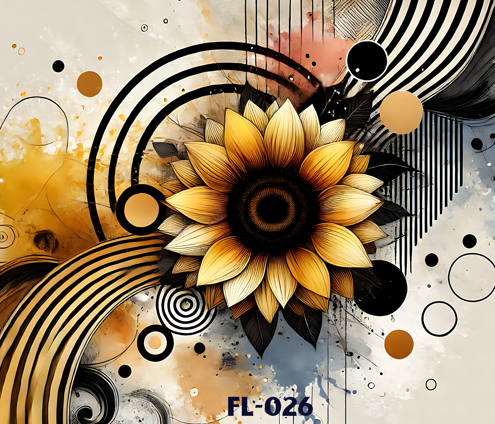 Abstract wall art featuring a large sunflower with detailed yellow petals at the center, black and white circular and striped patterns, black arcs, and scattered decorative elements like dots and splashes of orange, beige, and black.