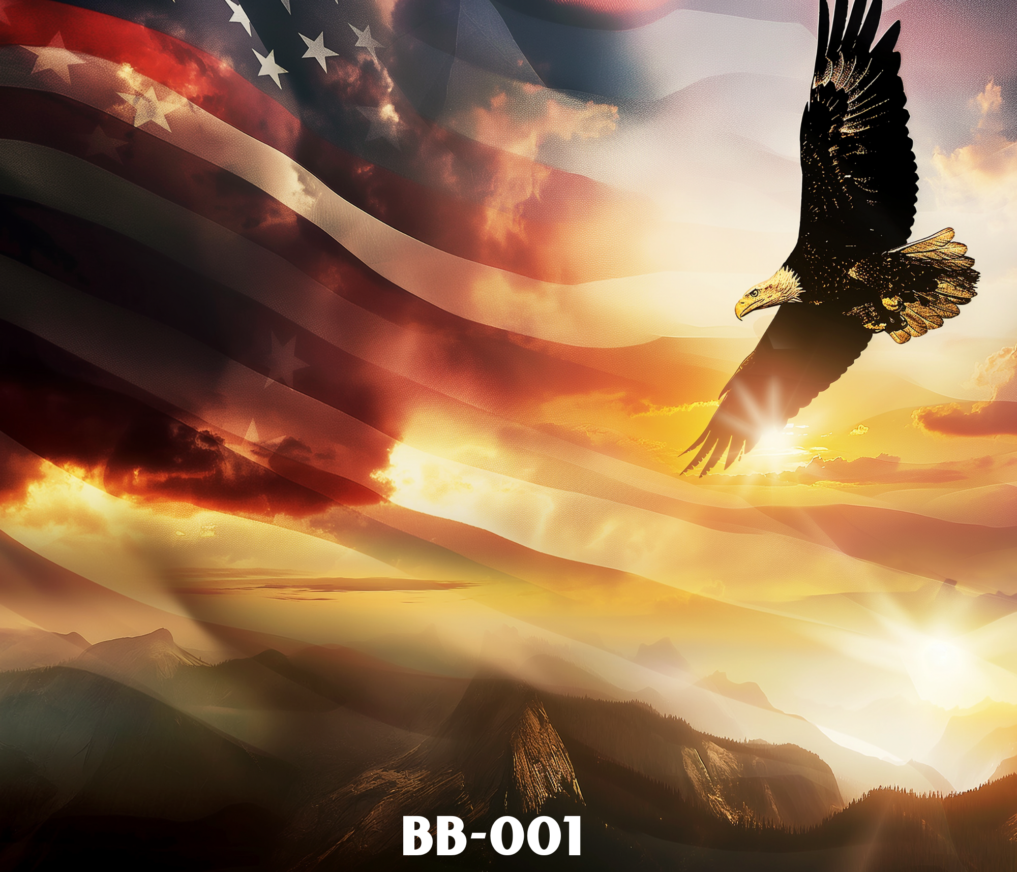 Sunset over mountain landscape with an American flag overlay and an eagle in flight,