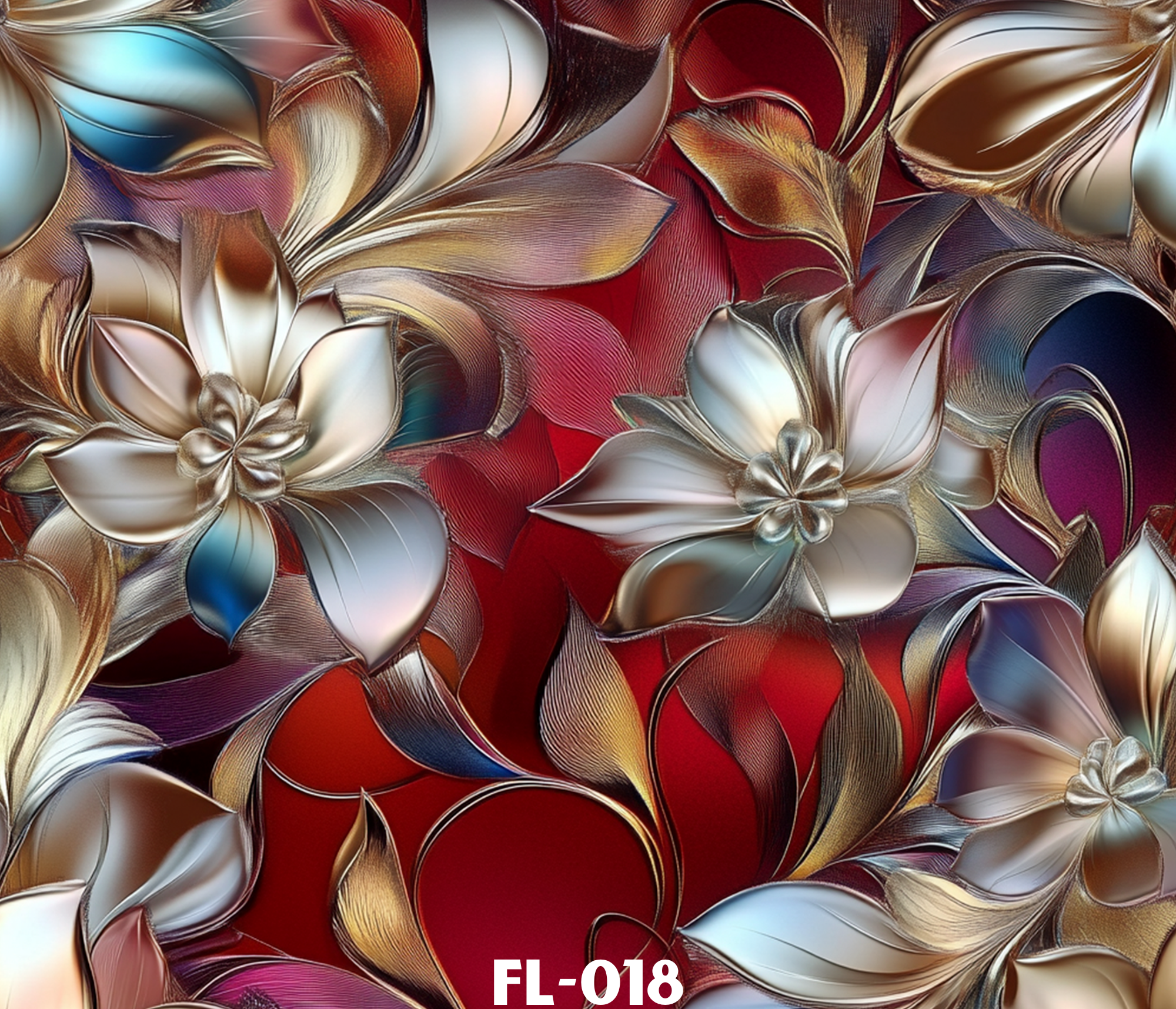 Abstract floral pattern featuring swirling metallic shades of gold, bronze, silver, cream, and pink with a deep red background. Text in the lower right corner reads 'FL-018'.