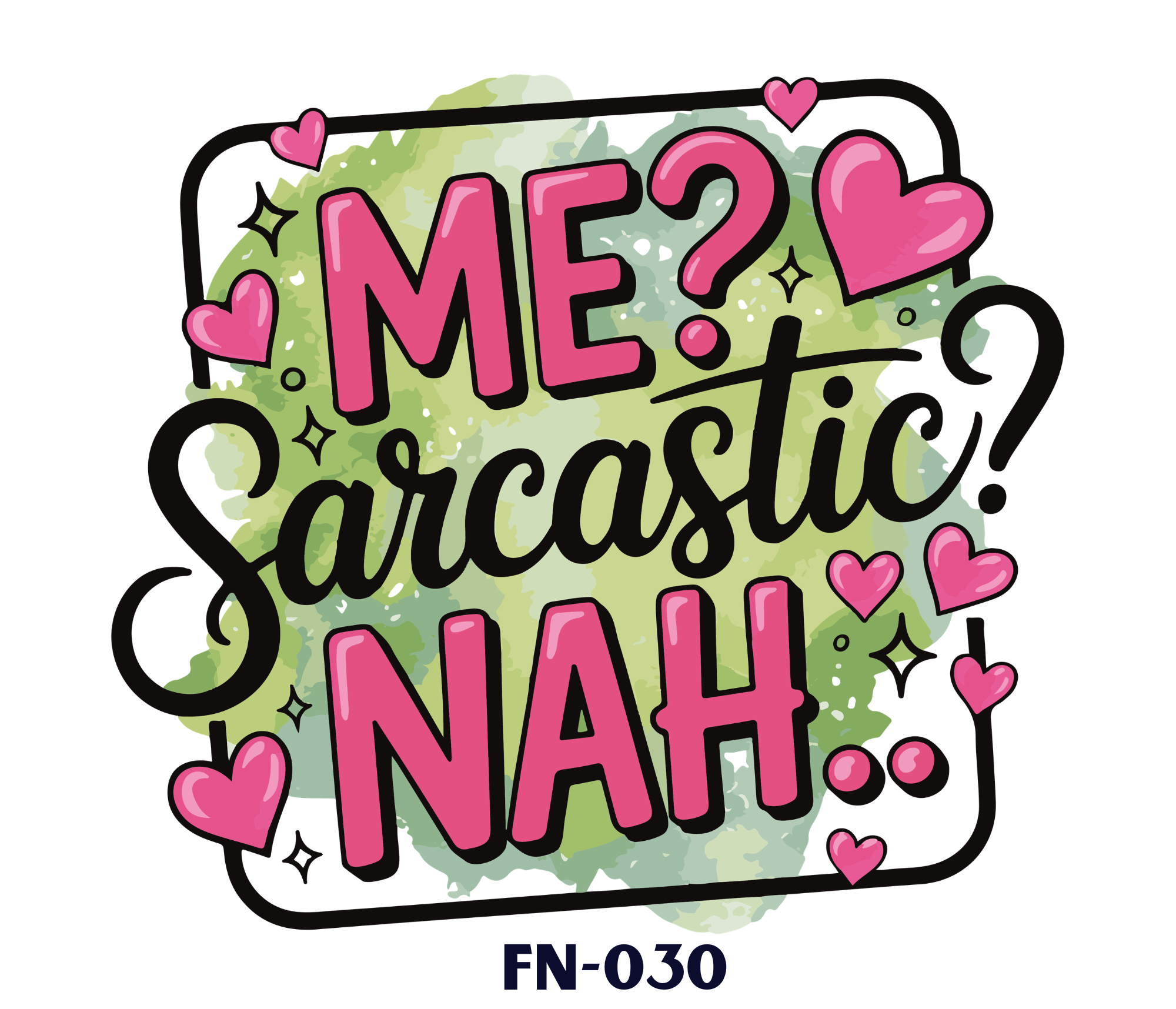 Colorful, decorative text with pink hearts that reads 'MÉ?♥️on a green, watercolor splash background.