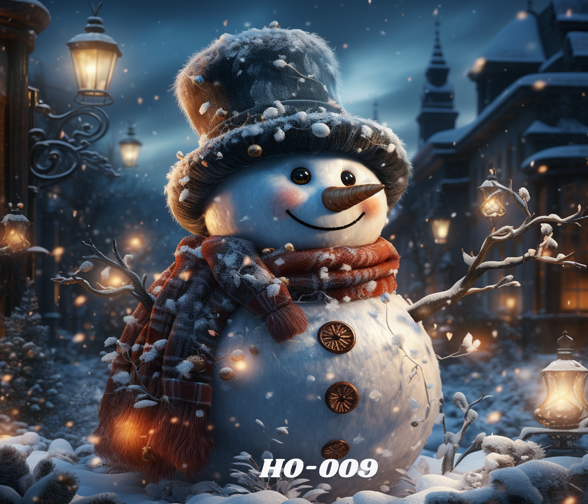 A snowman wearing a fluffy black hat, striped scarf, and orange earmuffs, with a carrot nose and a painted smile, standing outdoors at night in a snowy, decorated setting with warm glowing lanterns.